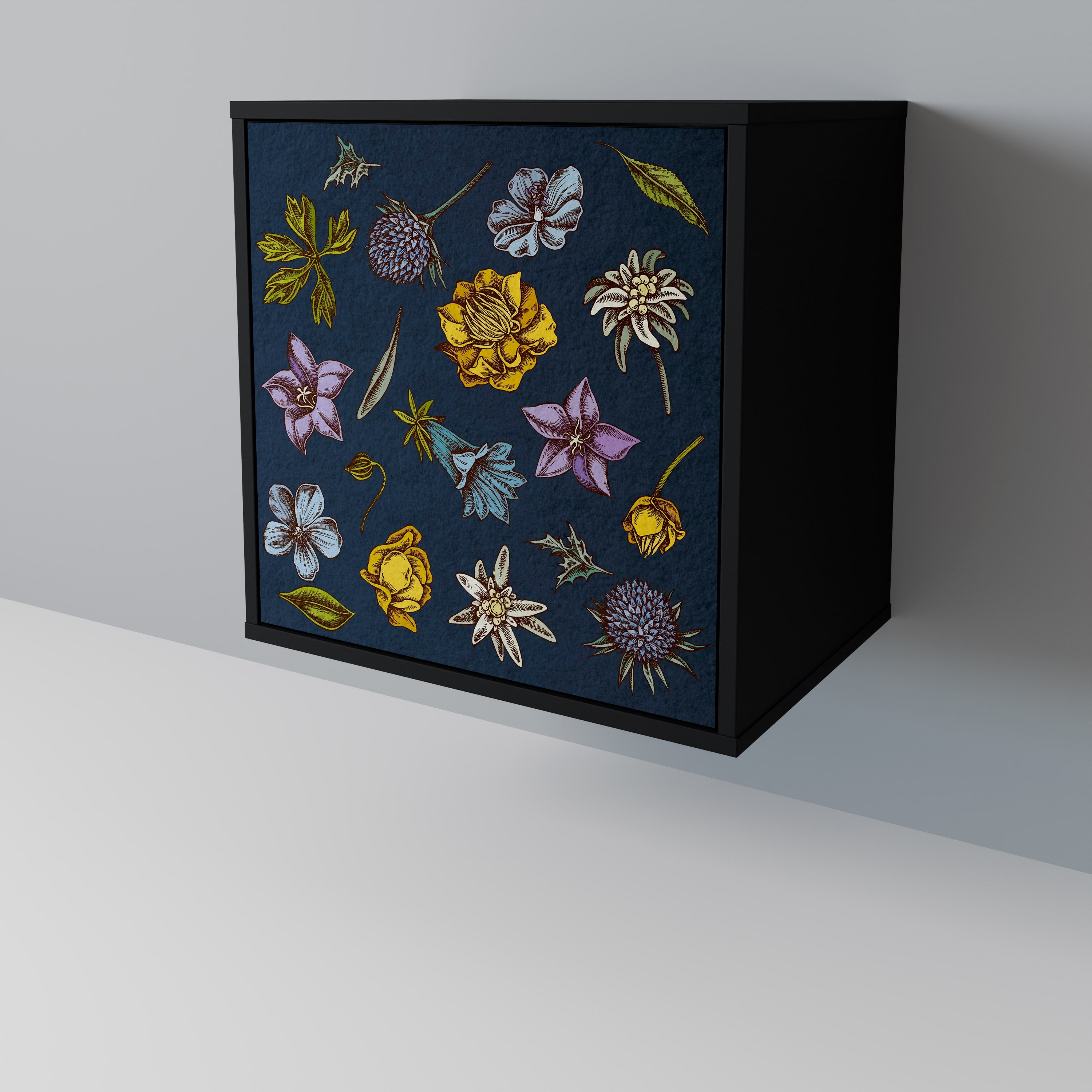 FLOWERS ON NAVY BLUE Aparador de 1 Porta em Acabamento Preto