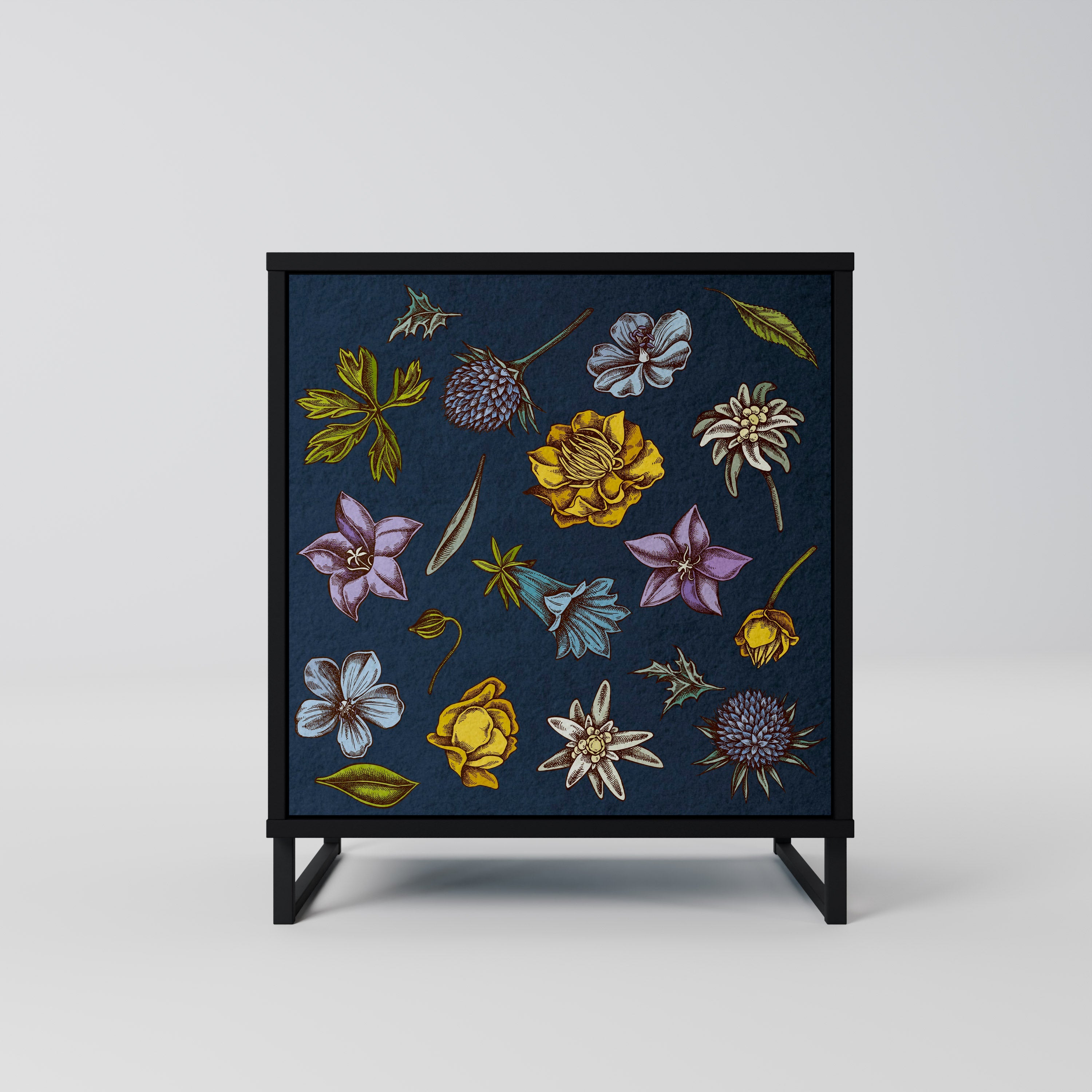 FLOWERS ON NAVY BLUE Aparador de 1 Porta em Acabamento Preto