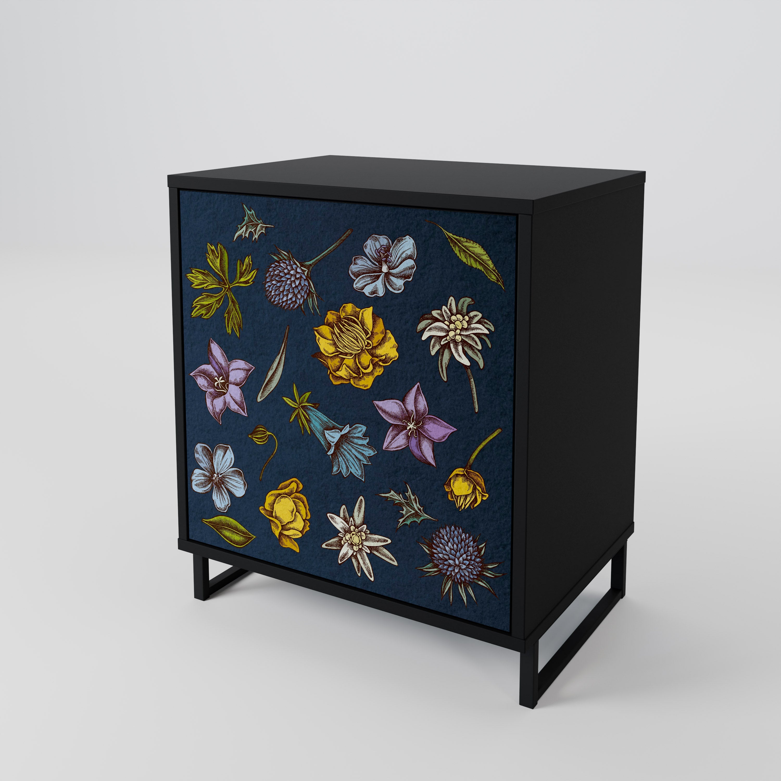 FLOWERS ON NAVY BLUE Aparador de 1 Porta em Acabamento Preto