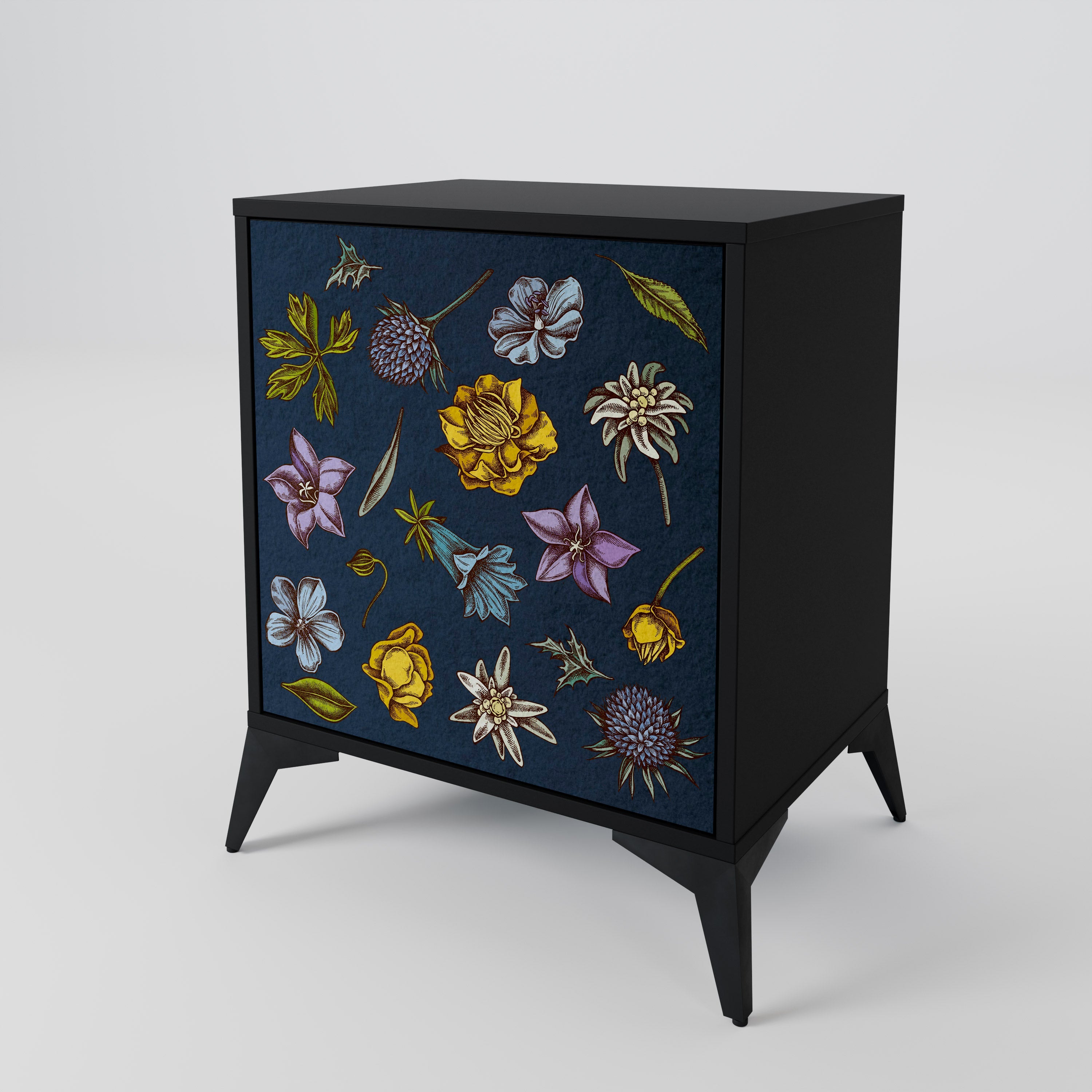 FLOWERS ON NAVY BLUE Aparador de 1 Porta em Acabamento Preto