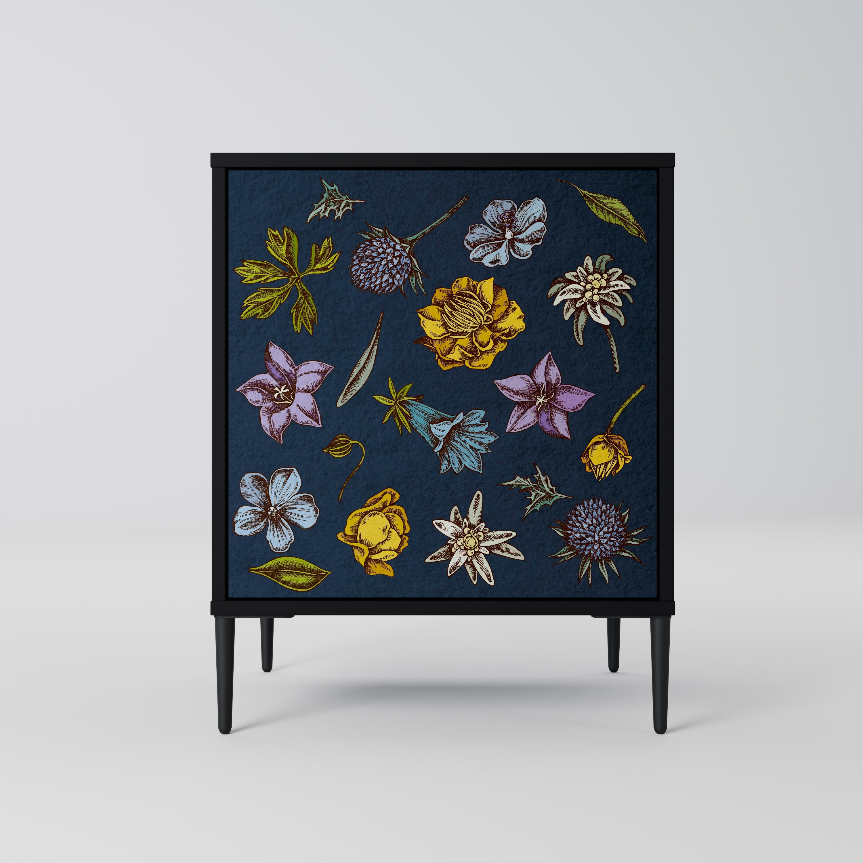 FLOWERS ON NAVY BLUE Aparador de 1 Porta em Acabamento Preto