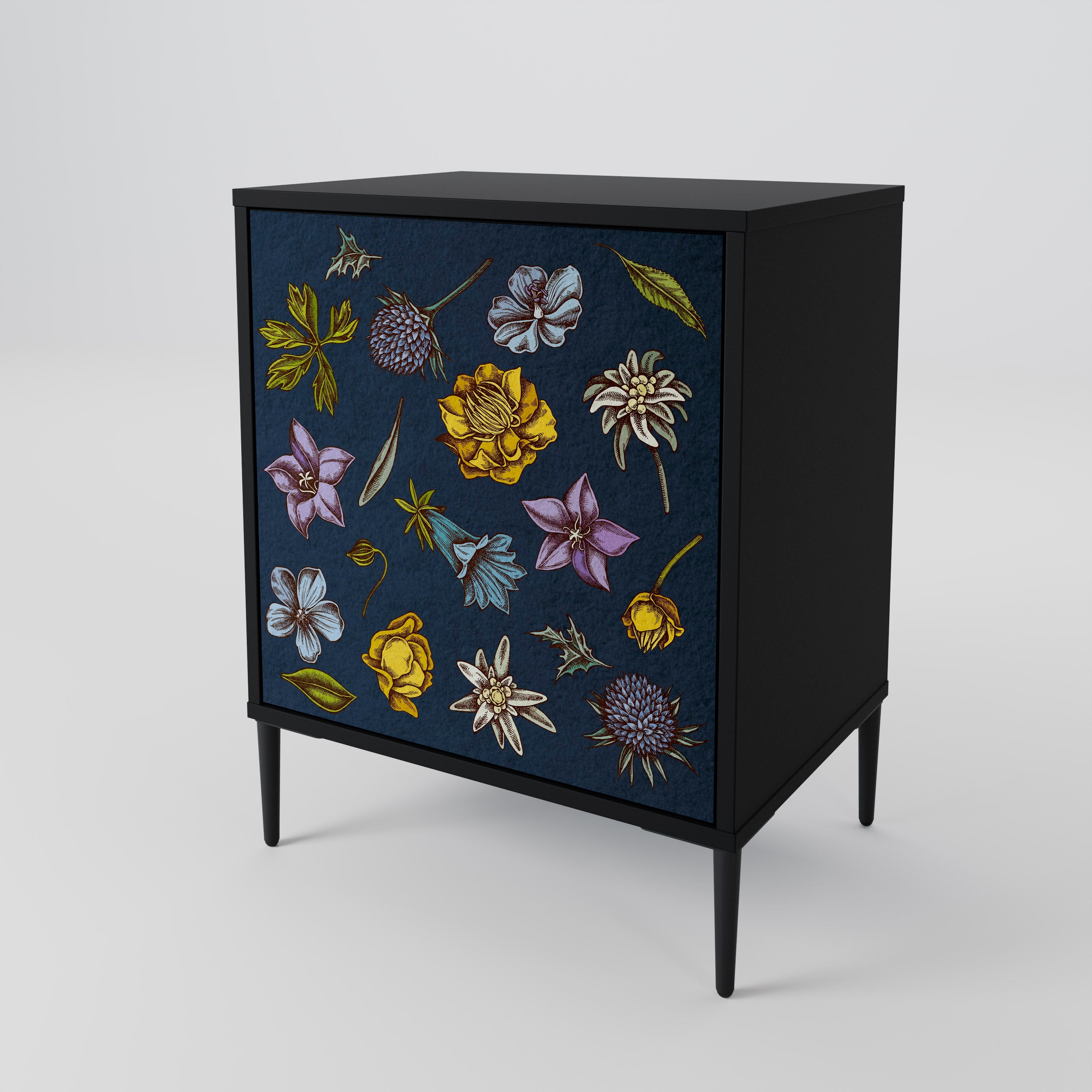 FLOWERS ON NAVY BLUE Aparador de 1 Porta em Acabamento Preto