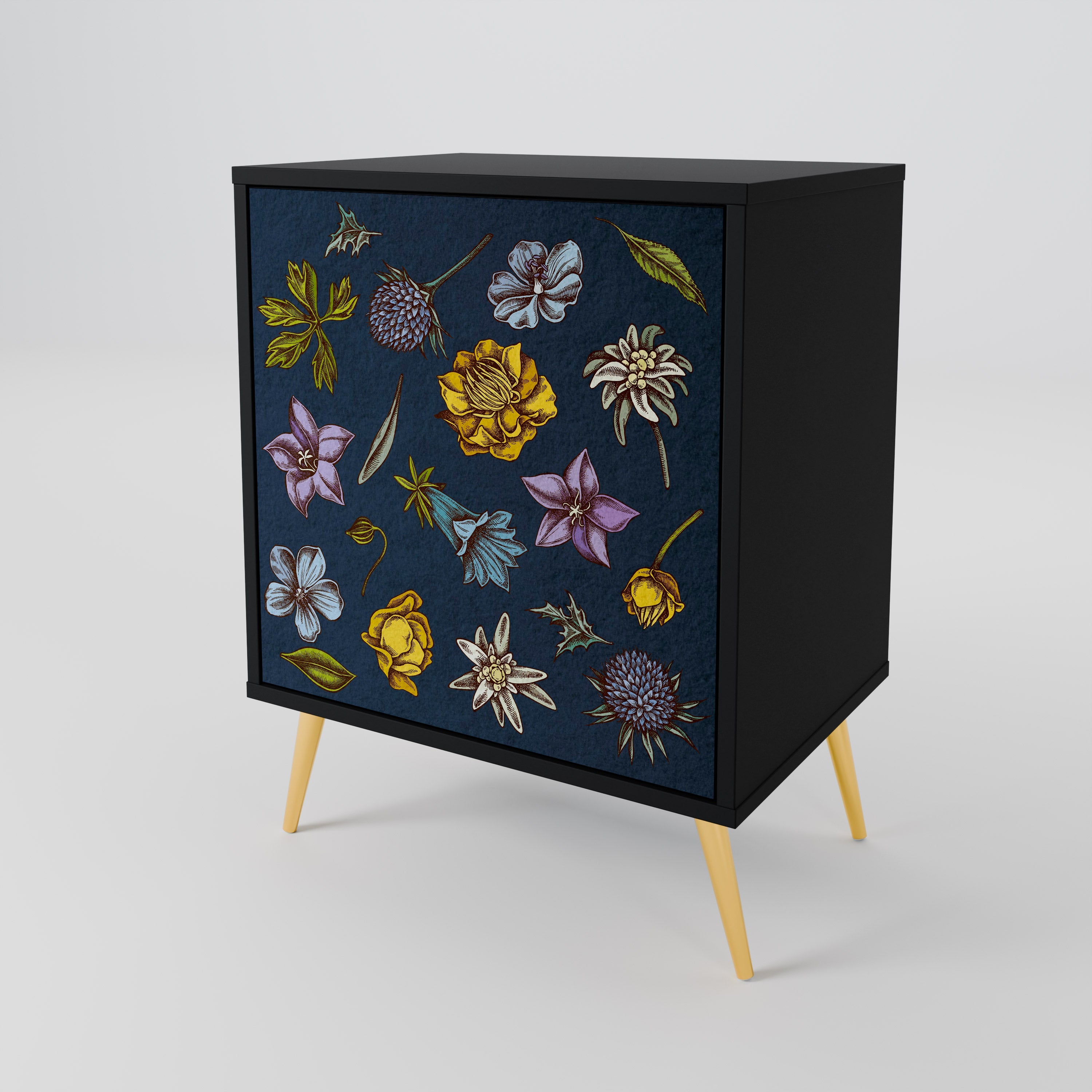 FLOWERS ON NAVY BLUE Aparador de 1 Porta em Acabamento Preto