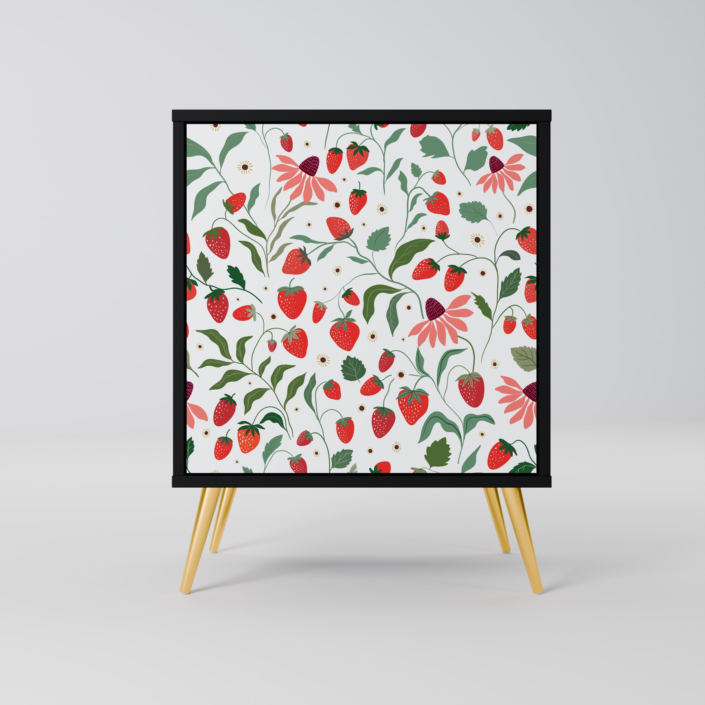 FLOWERS AND STRAWBERRIES Aparador de 1 Porta em Acabamento Preto