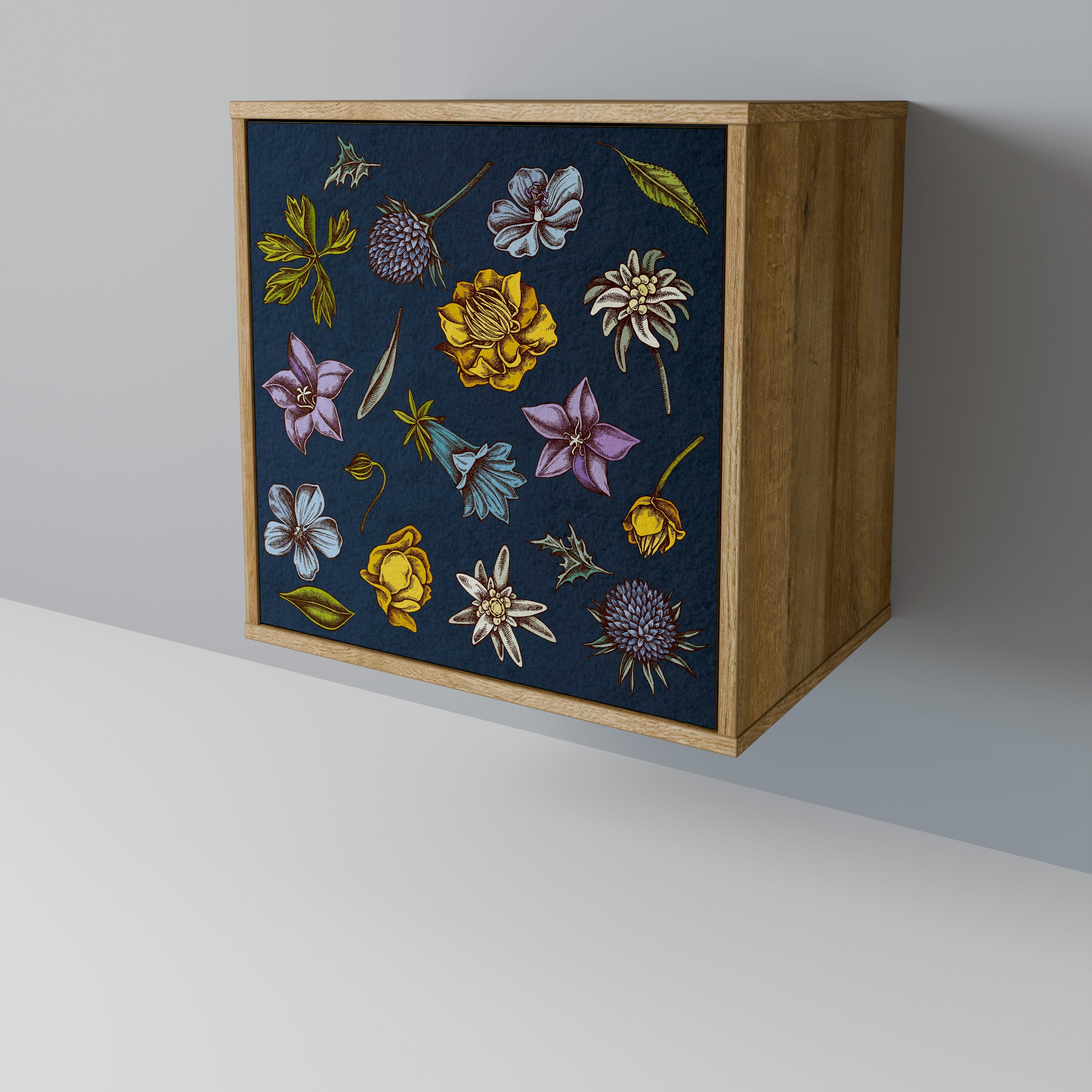 FLOWERS ON NAVY BLUE Aparador de 1 Porta em Efeito Carvalho