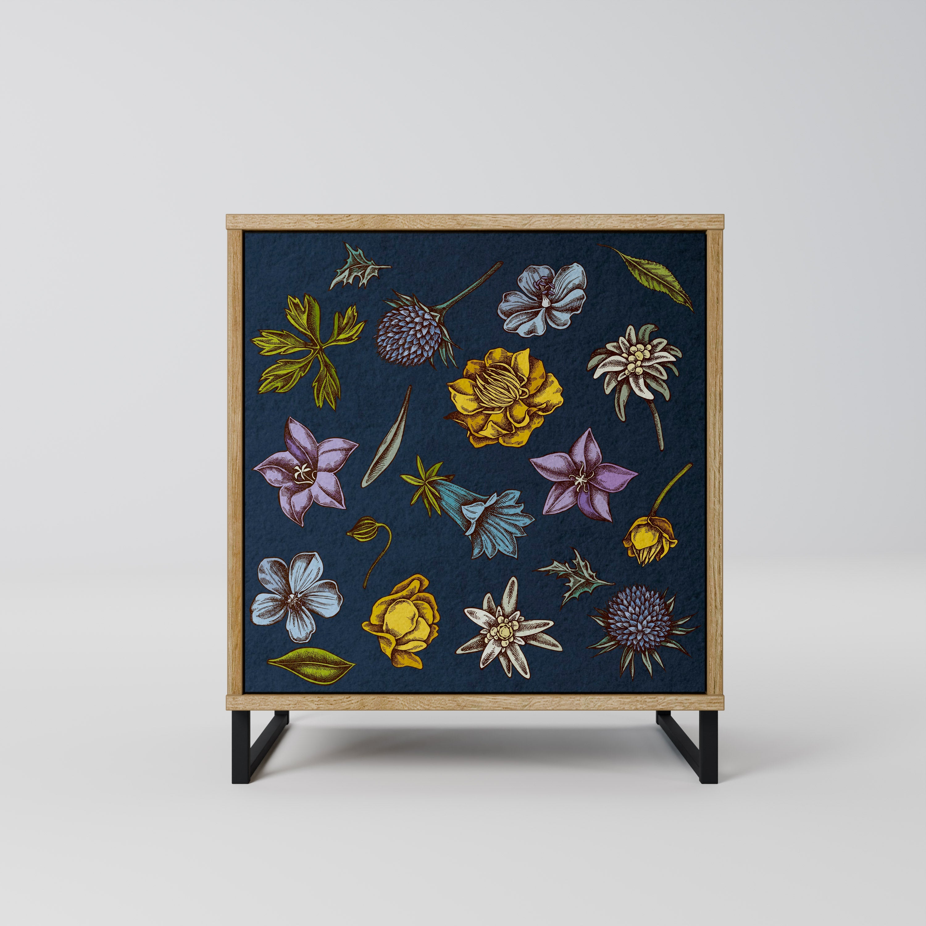 FLOWERS ON NAVY BLUE Aparador de 1 Porta em Efeito Carvalho