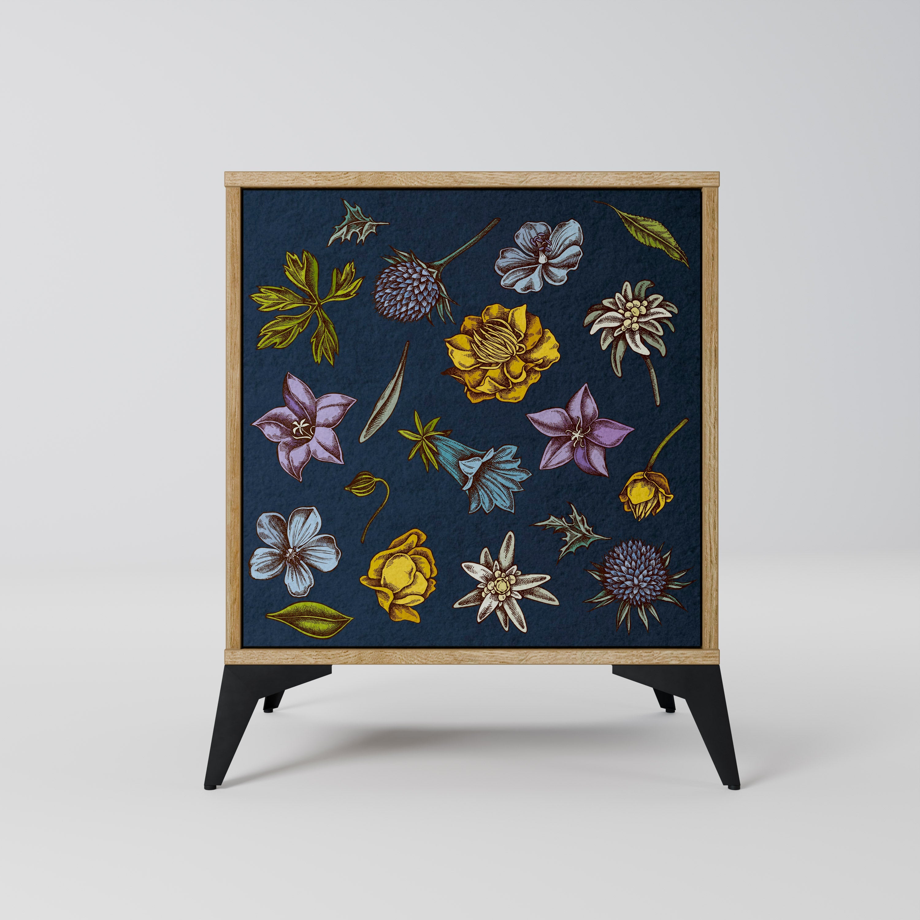 FLOWERS ON NAVY BLUE Aparador de 1 Porta em Efeito Carvalho