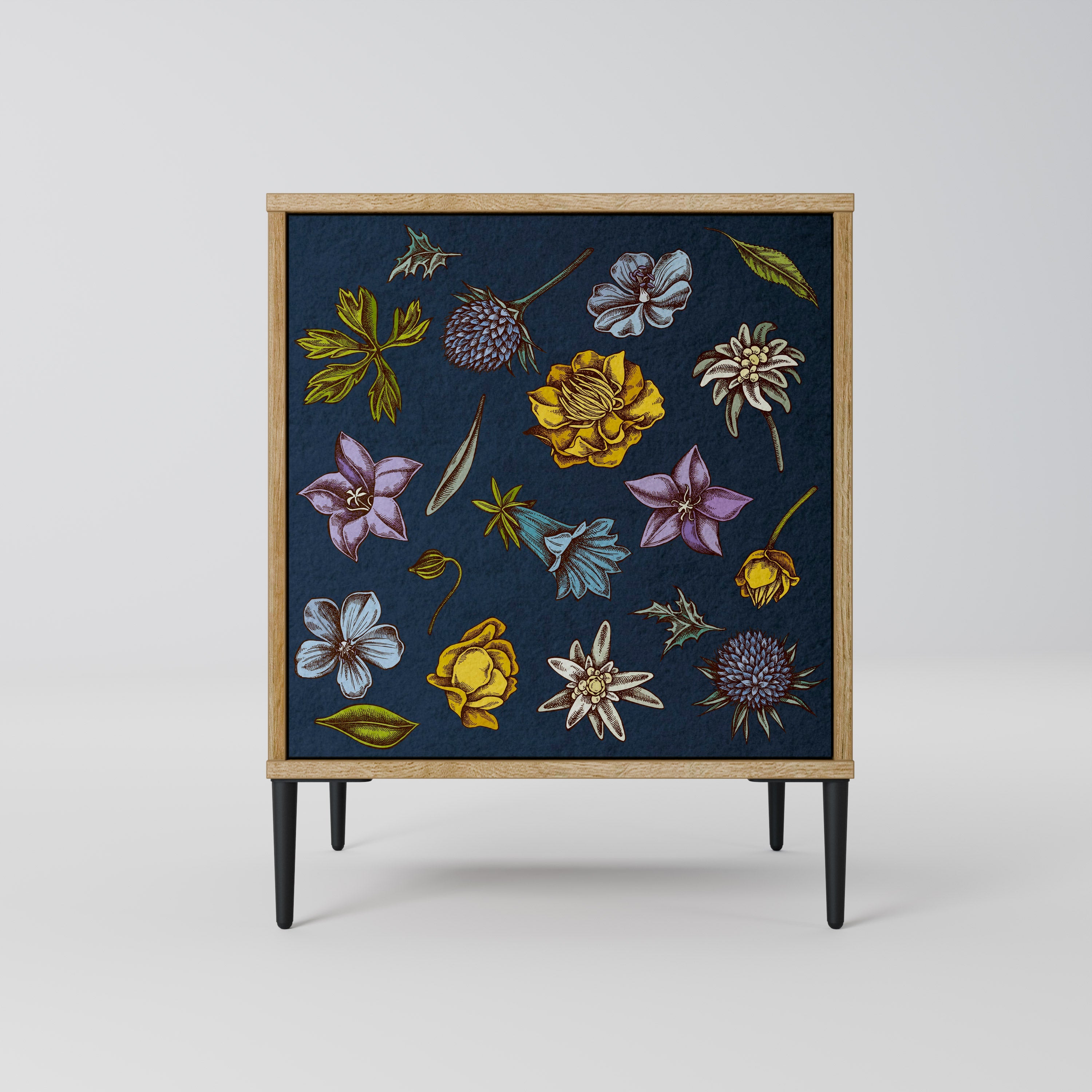 FLOWERS ON NAVY BLUE Aparador de 1 Porta em Efeito Carvalho