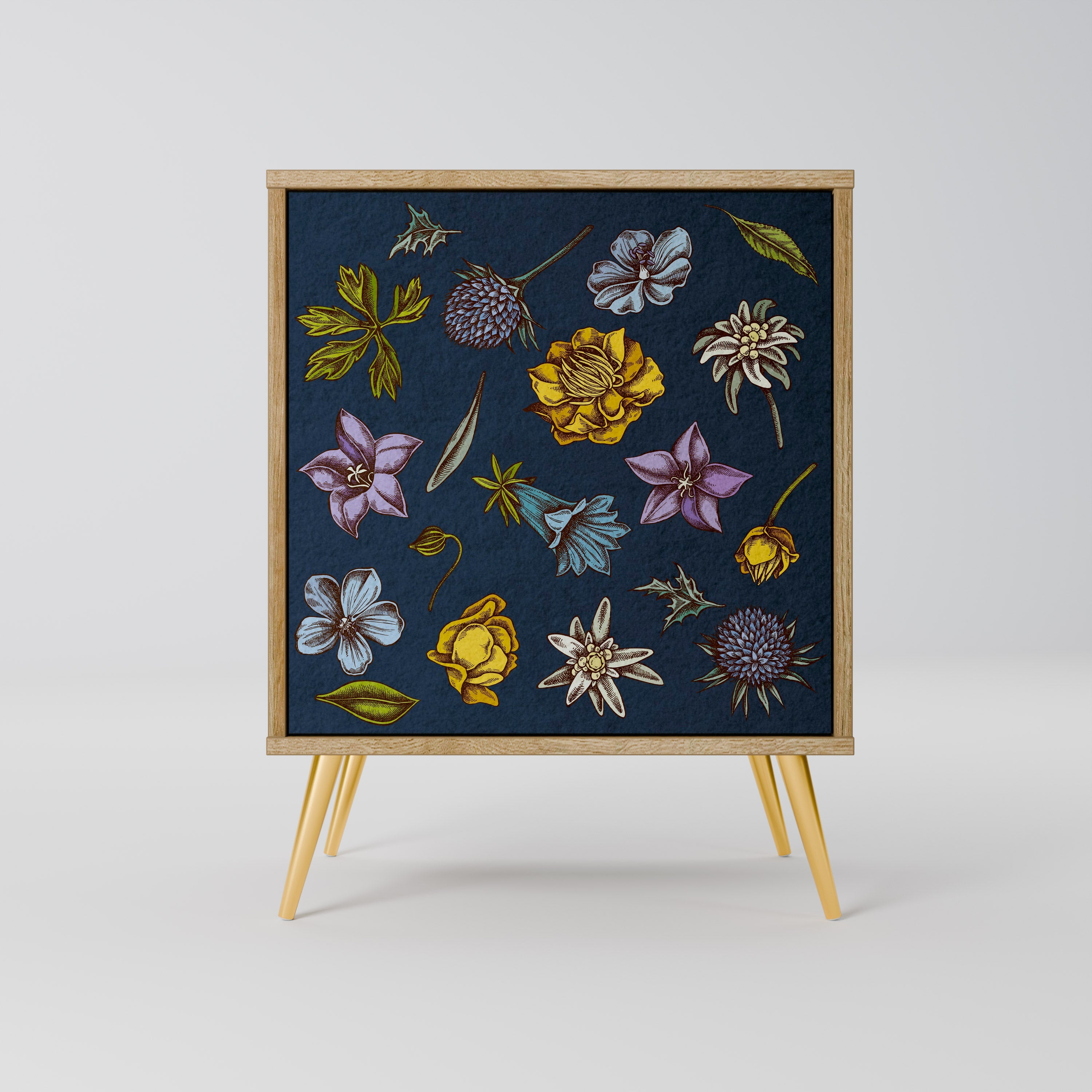 FLOWERS ON NAVY BLUE Aparador de 1 Porta em Efeito Carvalho