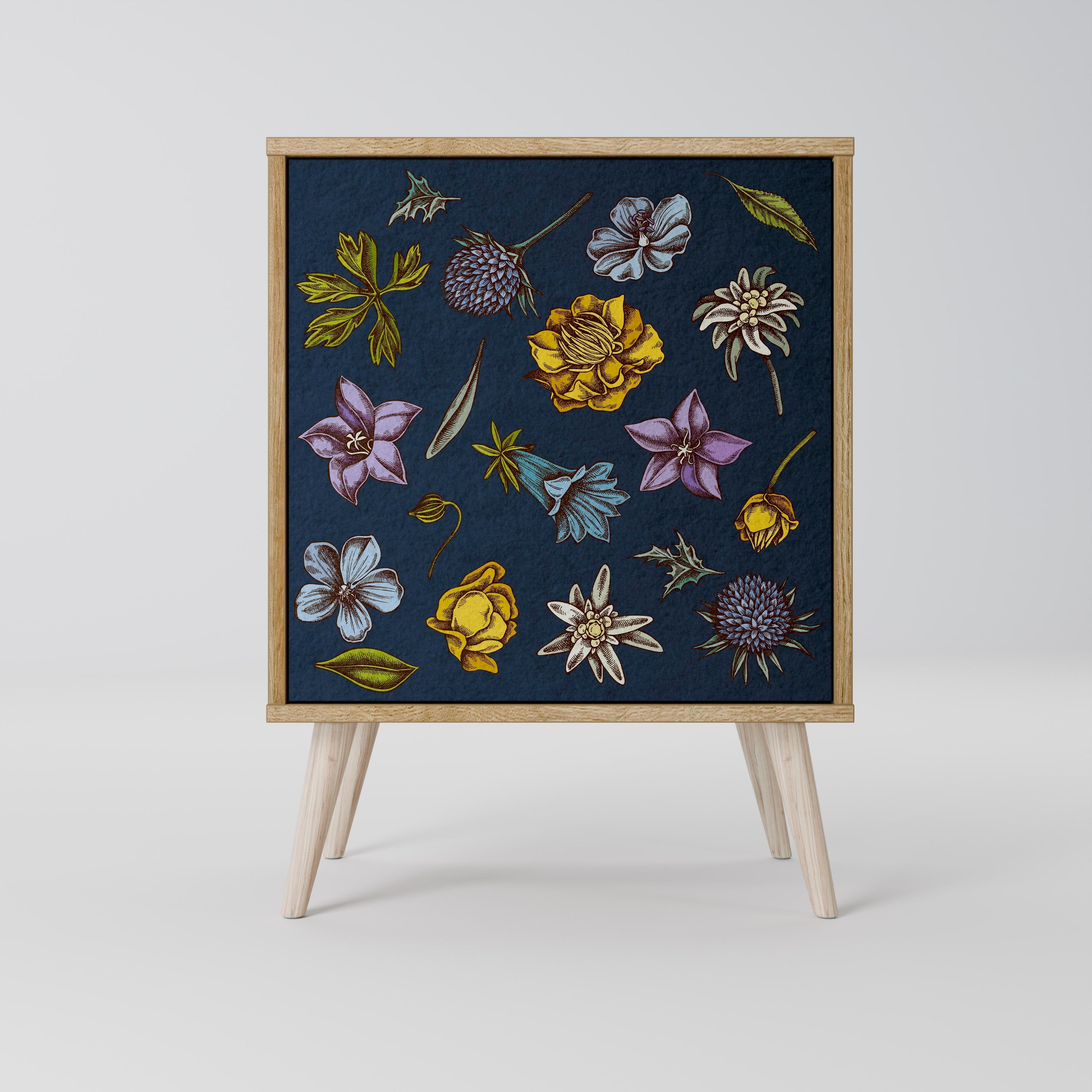 FLOWERS ON NAVY BLUE Aparador de 1 Porta em Efeito Carvalho