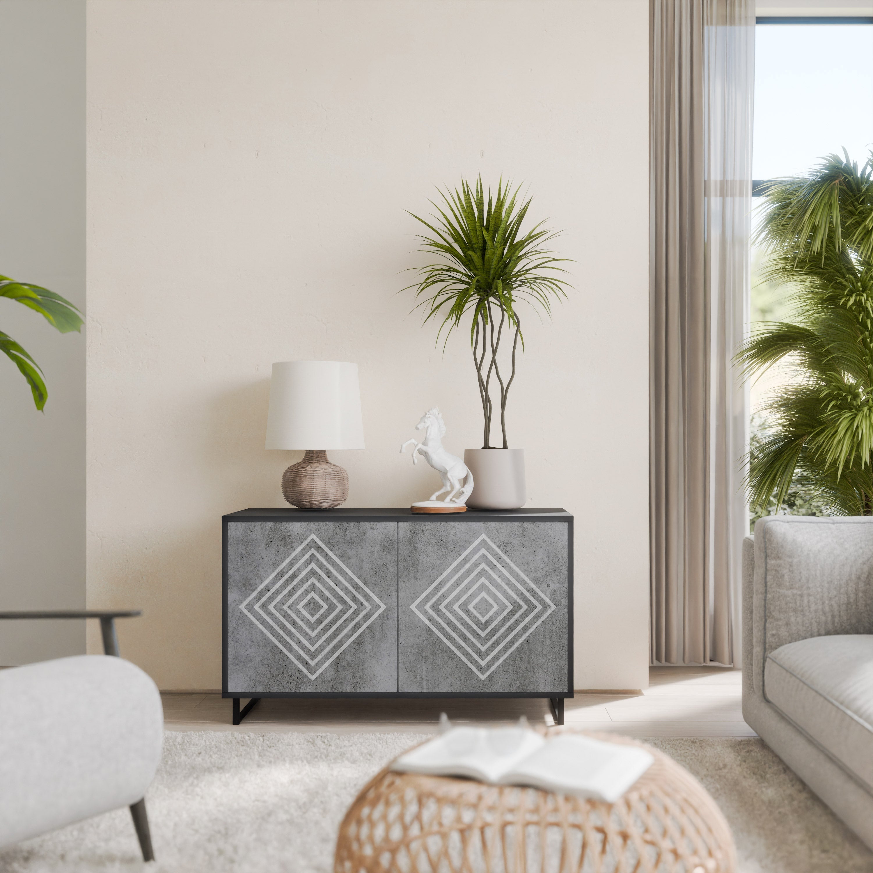 POLYGONAL ARTISTRY Aparador de 2 Portas em Acabamento Preto