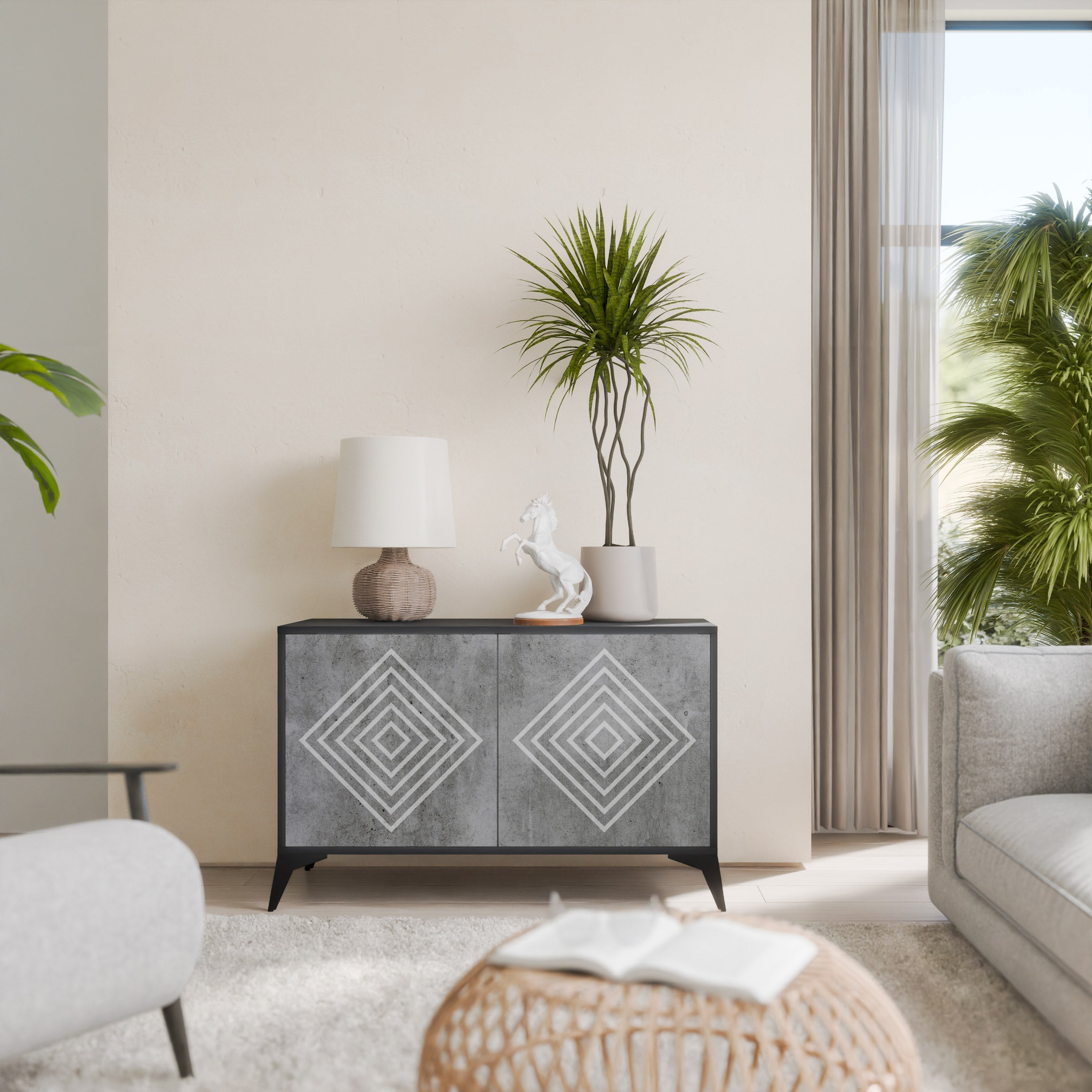 POLYGONAL ARTISTRY Aparador de 2 Portas em Acabamento Preto