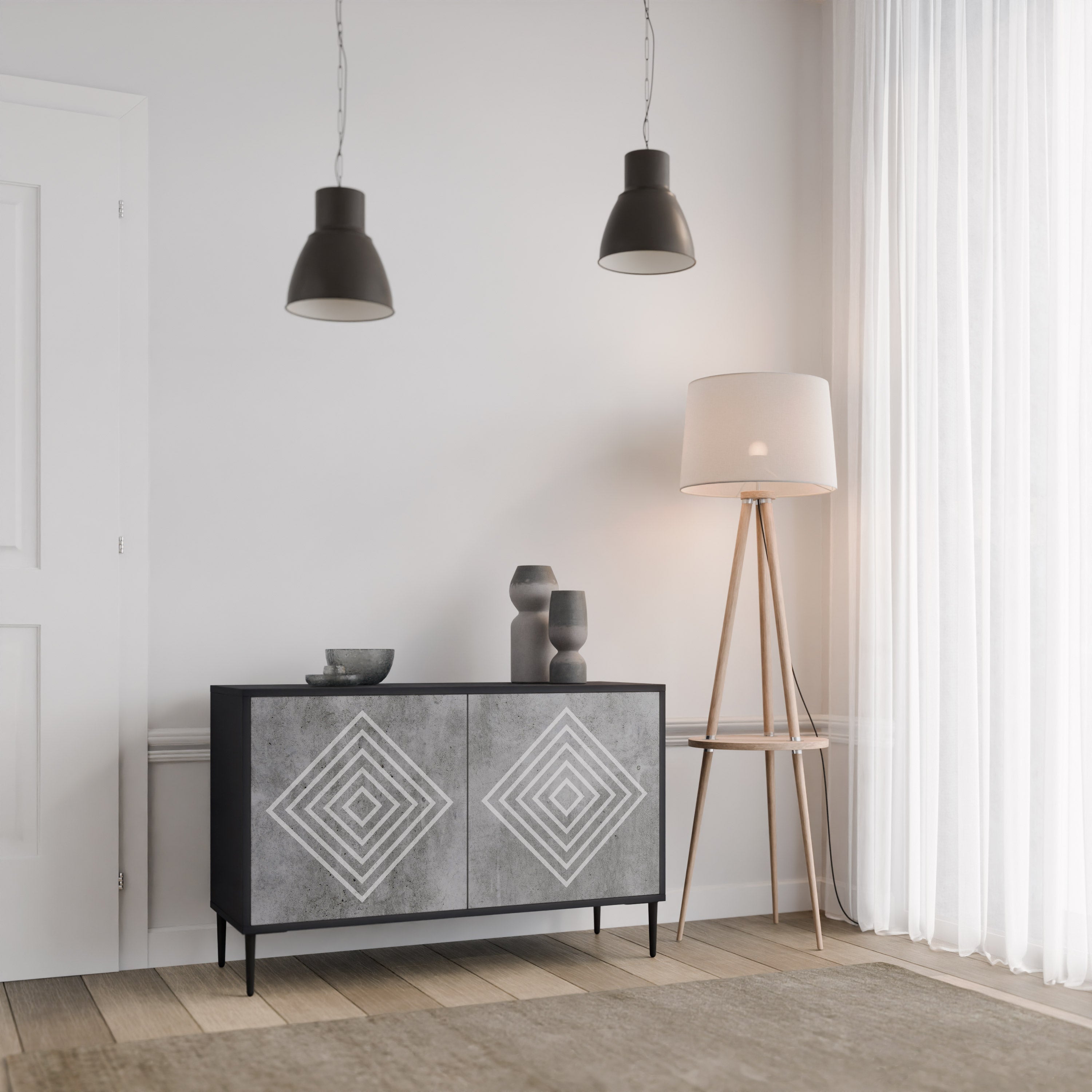 POLYGONAL ARTISTRY Aparador de 2 Portas em Acabamento Preto