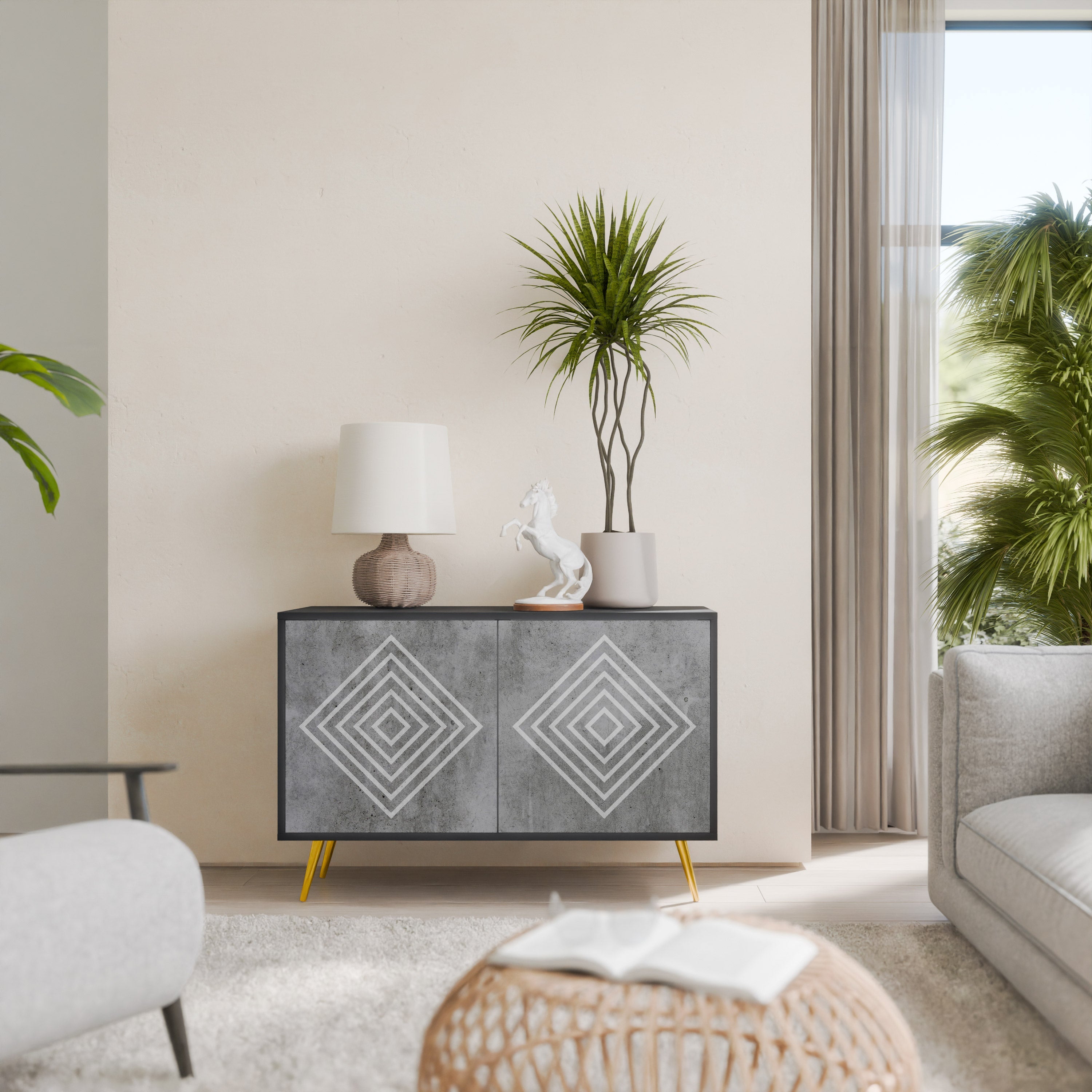 POLYGONAL ARTISTRY Aparador de 2 Portas em Acabamento Preto