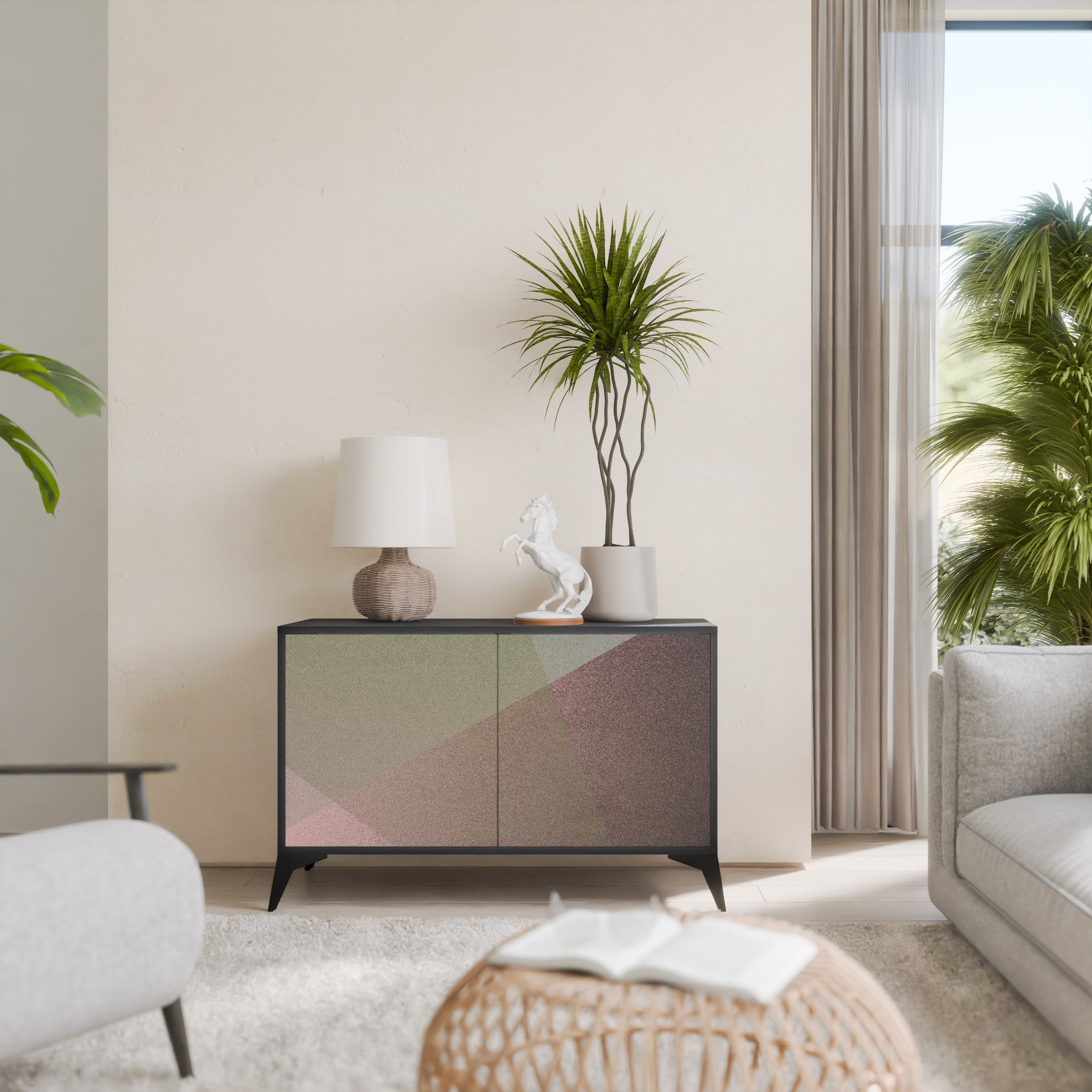 BEIGE GEOMETRY Aparador de 2 Portas em Acabamento Preto