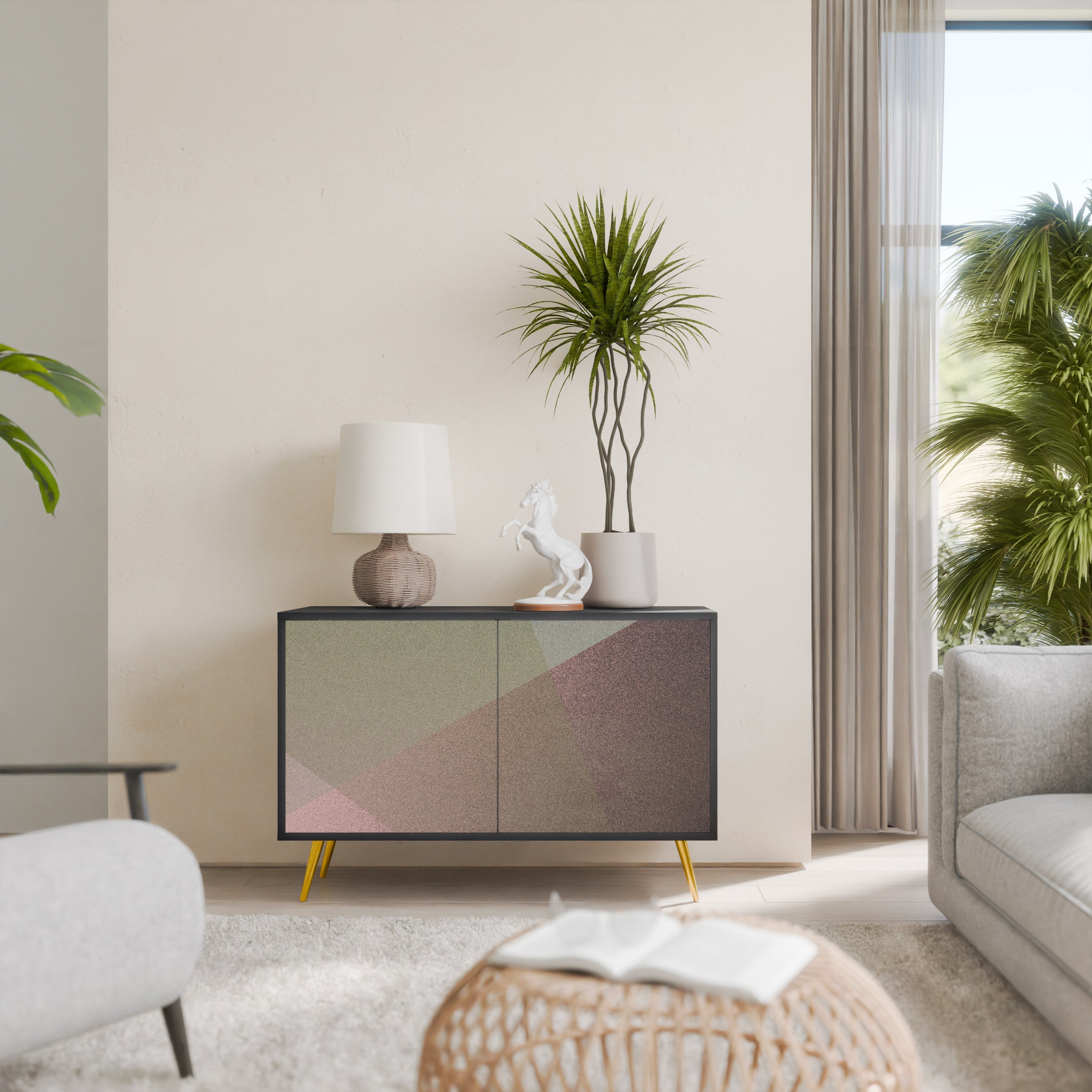 BEIGE GEOMETRY Aparador de 2 Portas em Acabamento Preto