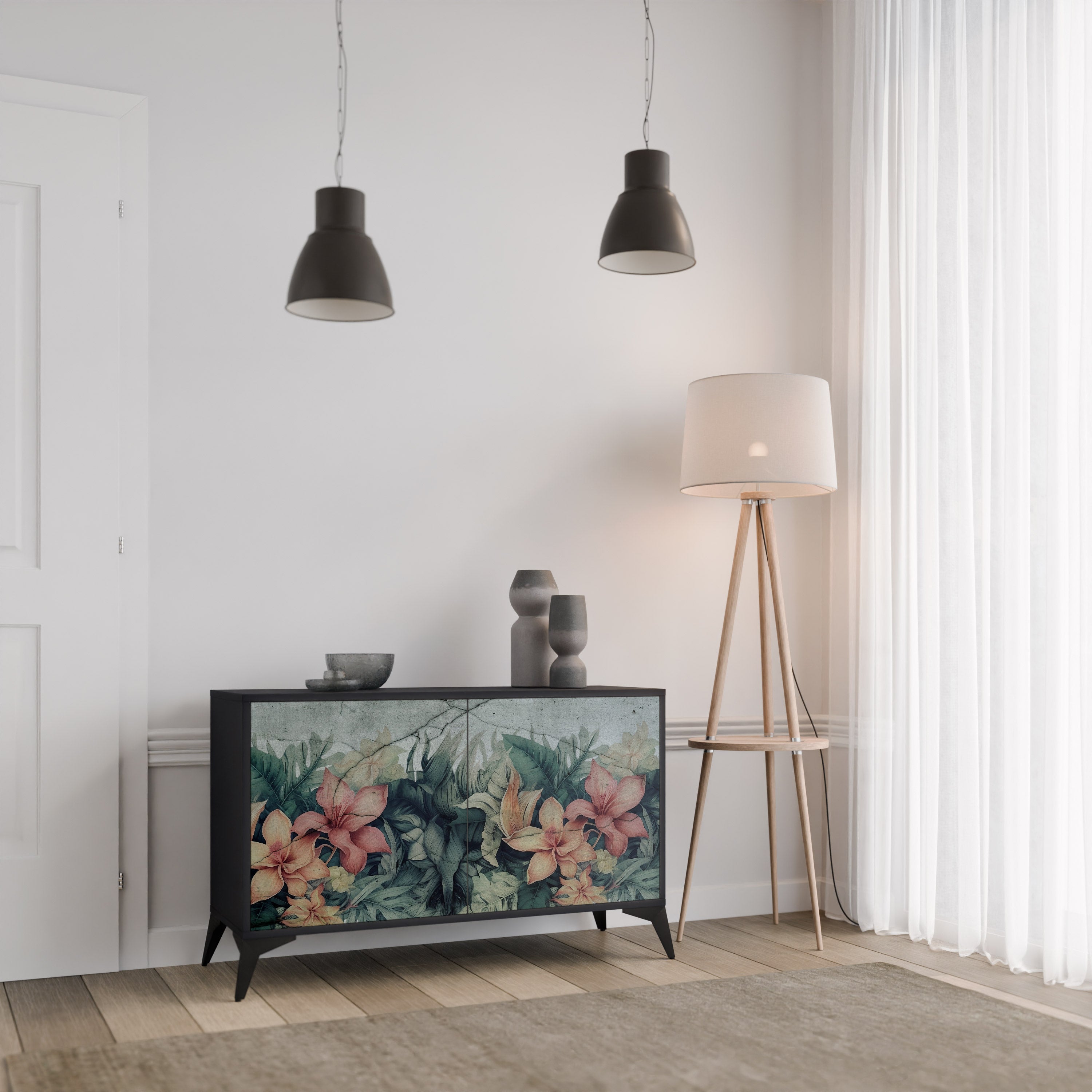 HEAVENLY BLOOM 2-Door Sideboard in Black Finish