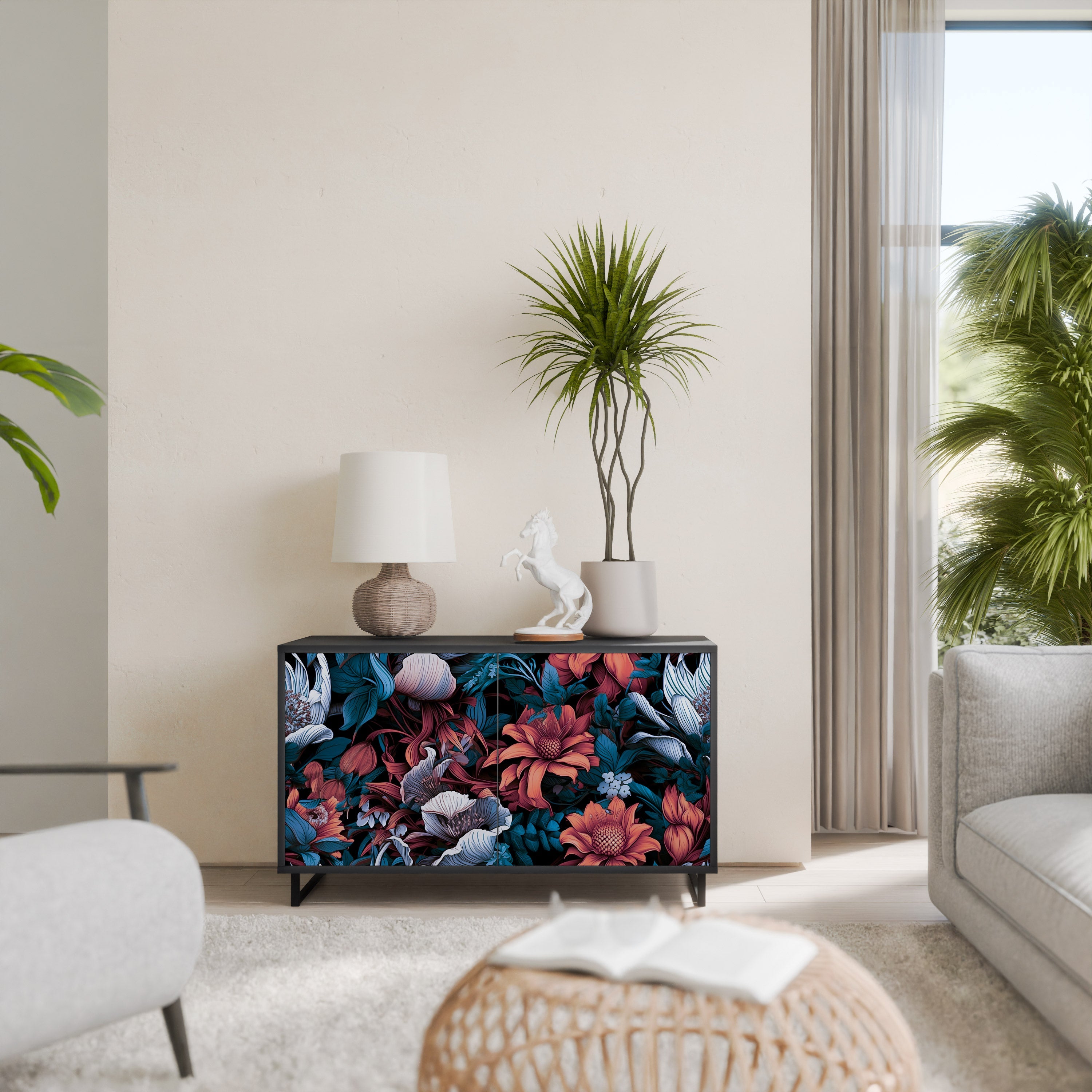 ETHEREAL BLOSSOMS 2-Door Sideboard in Black Finish