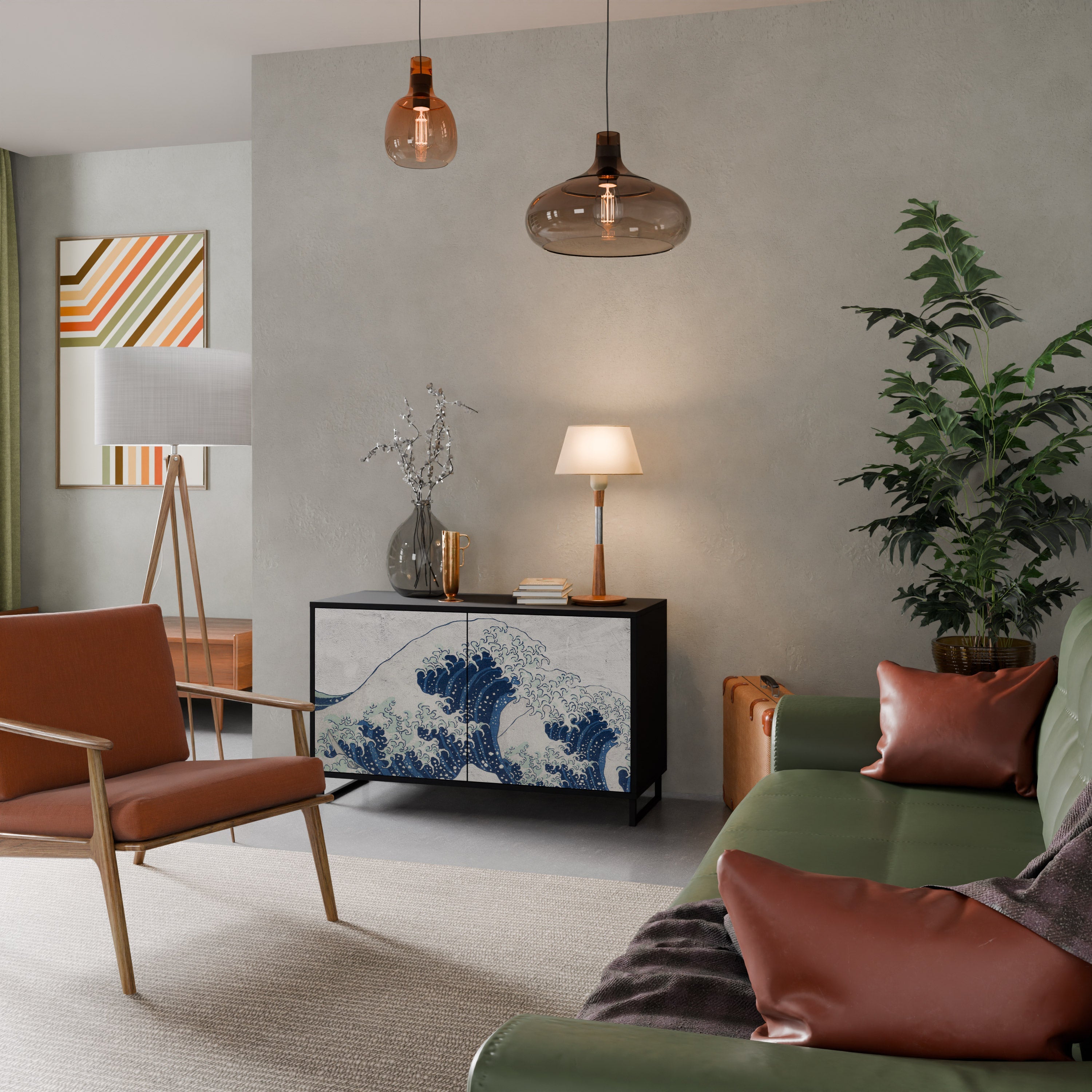 THE GREAT WAVE AT KANAGAWA Aparador de 2 Portas em Acabamento Preto