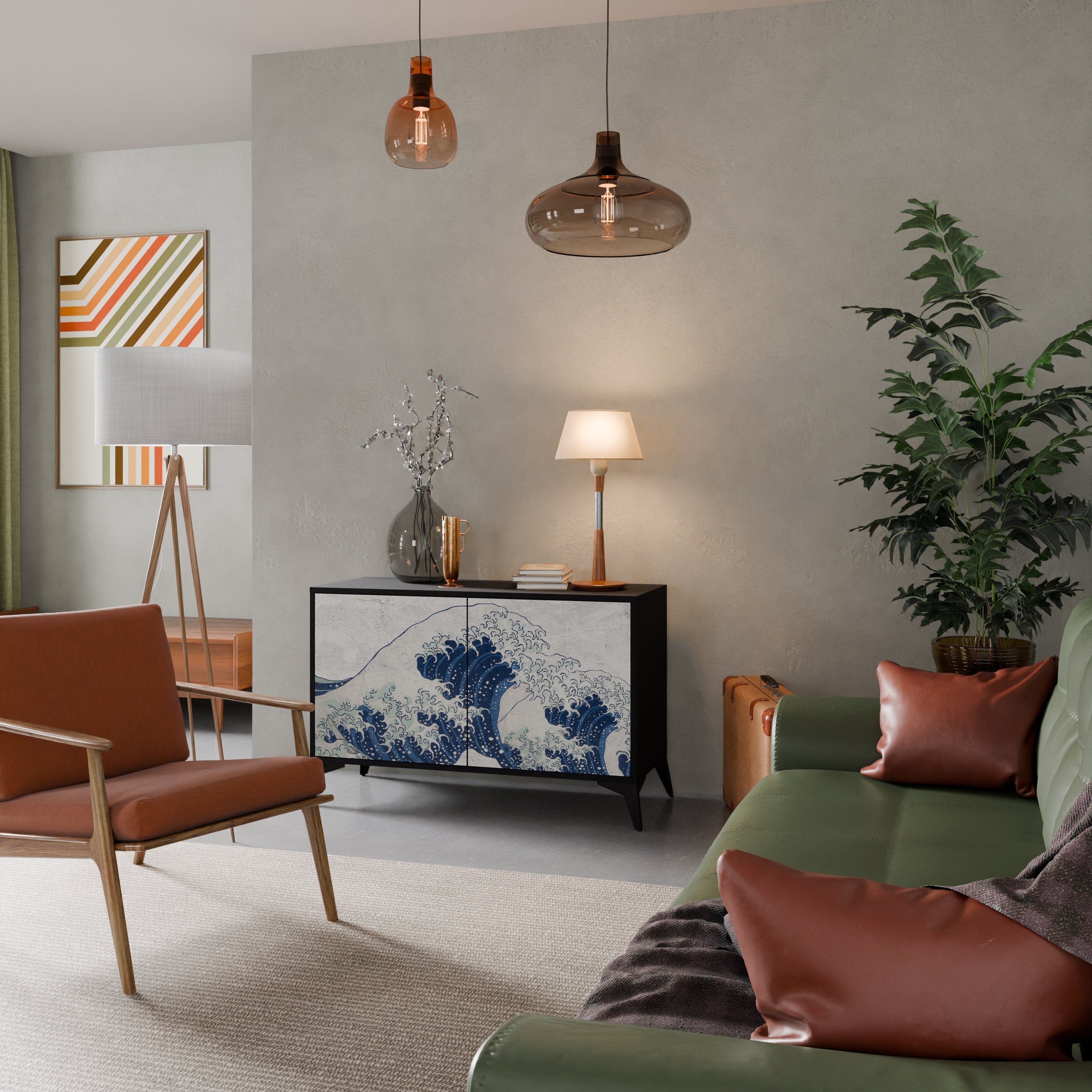 THE GREAT WAVE AT KANAGAWA Aparador de 2 Portas em Acabamento Preto