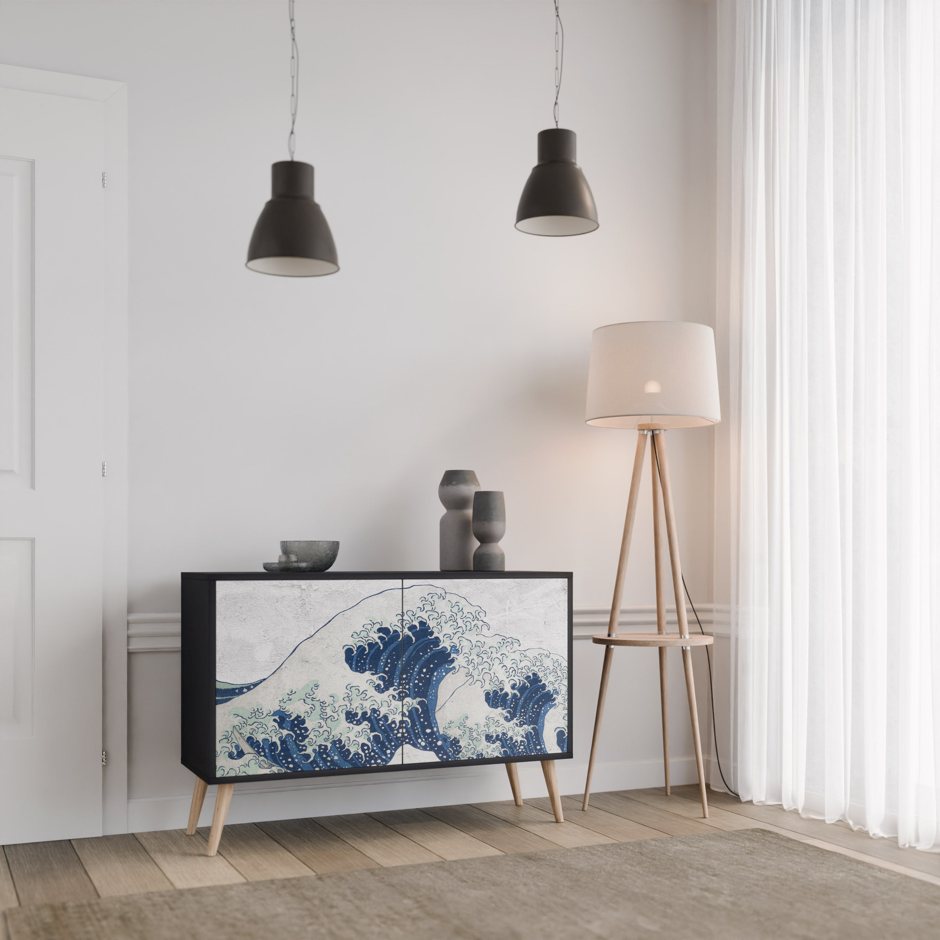 THE GREAT WAVE AT KANAGAWA Aparador de 2 Portas em Acabamento Preto