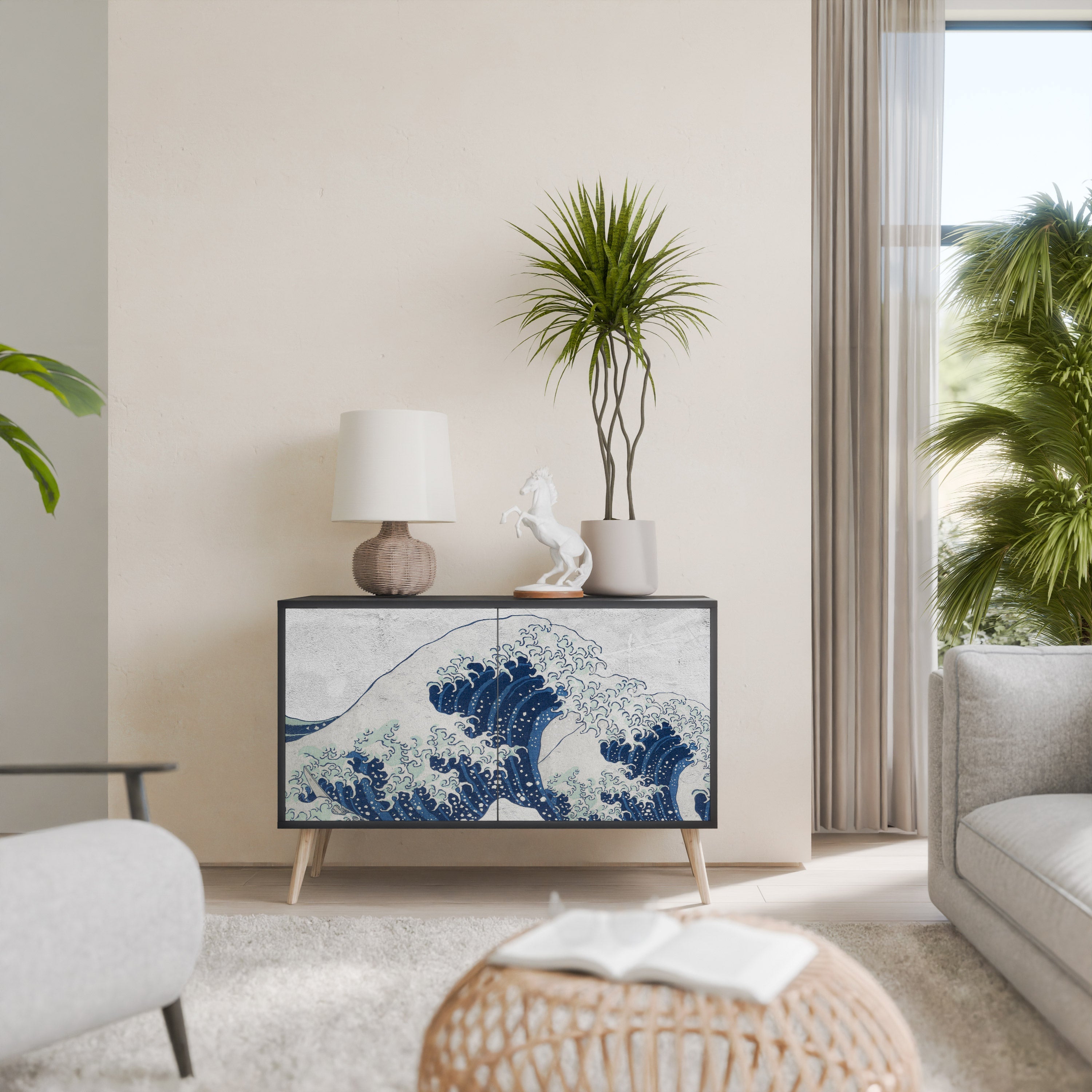 THE GREAT WAVE AT KANAGAWA Aparador de 2 Portas em Acabamento Preto