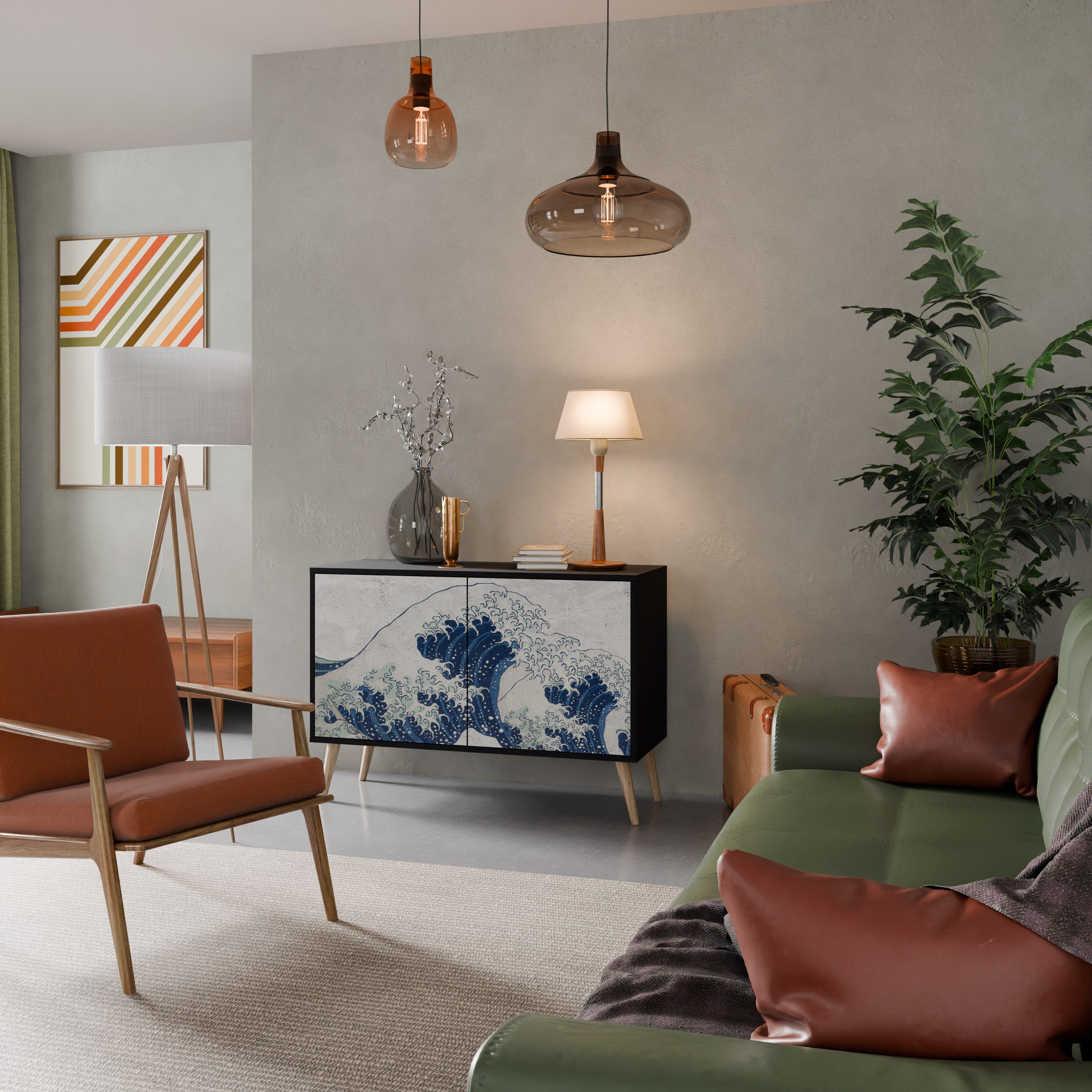 THE GREAT WAVE AT KANAGAWA Aparador de 2 Portas em Acabamento Preto