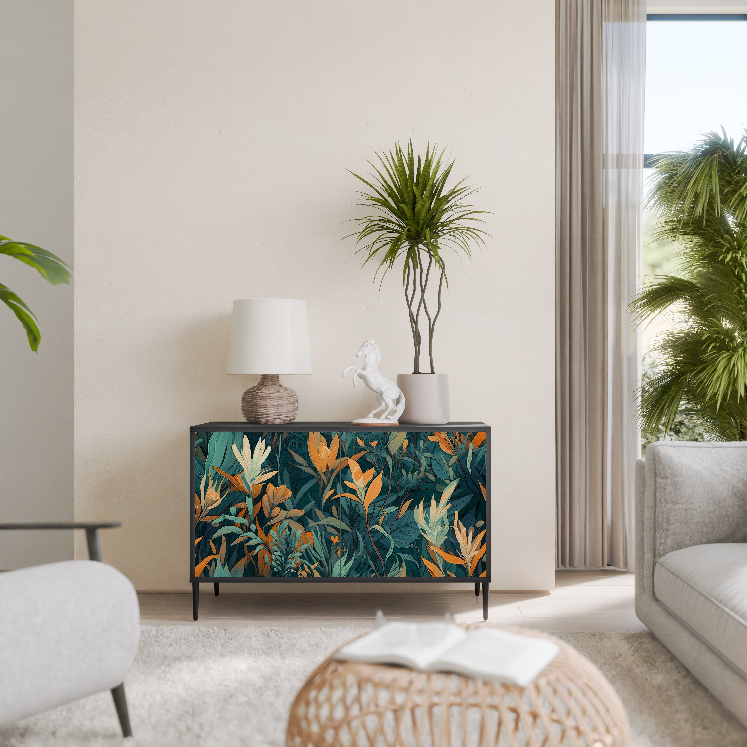 FLORAL SERENITY Aparador de 2 Portas em Acabamento Preto