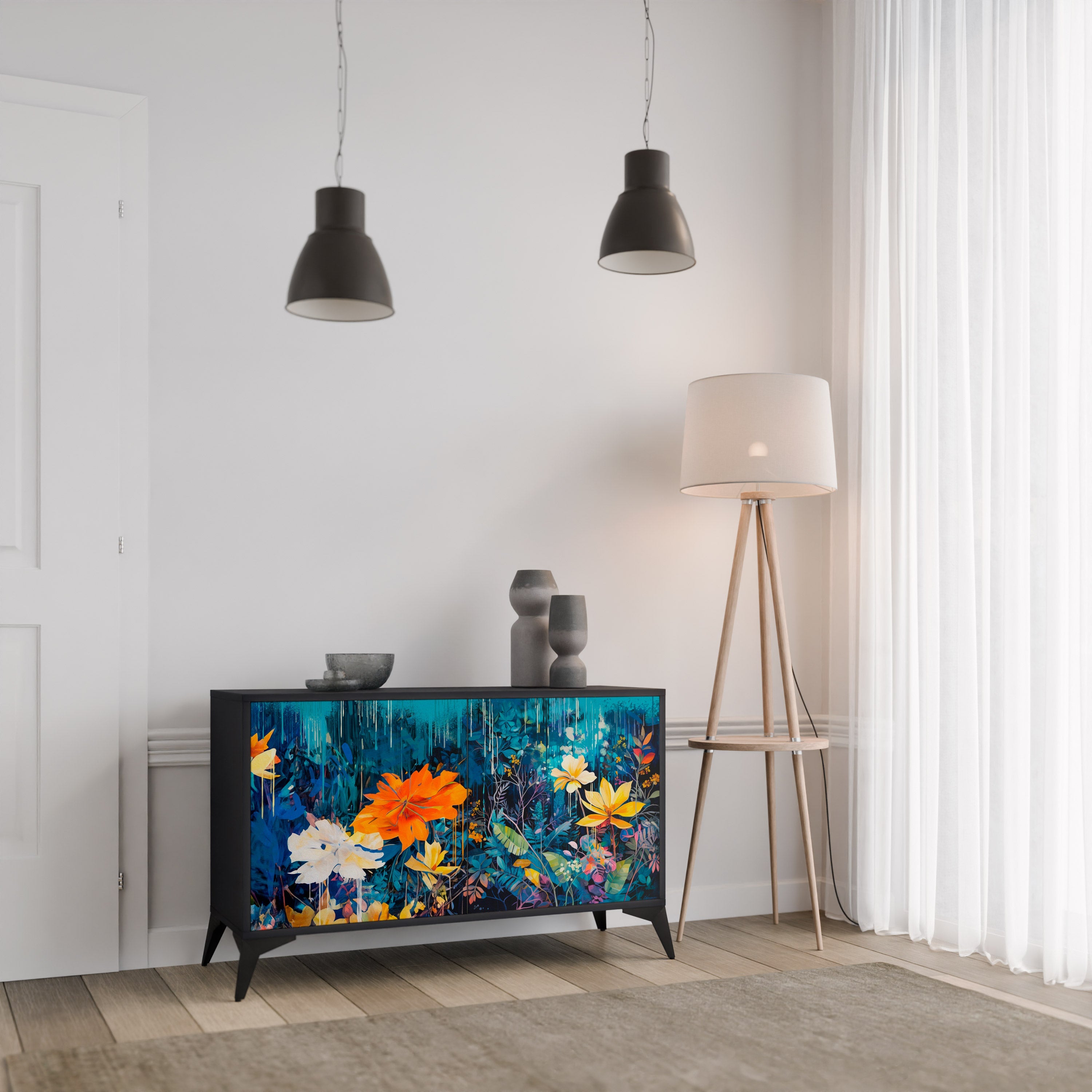 MIDNIGHT BLOSSOM 2-Door Sideboard in Black Finish