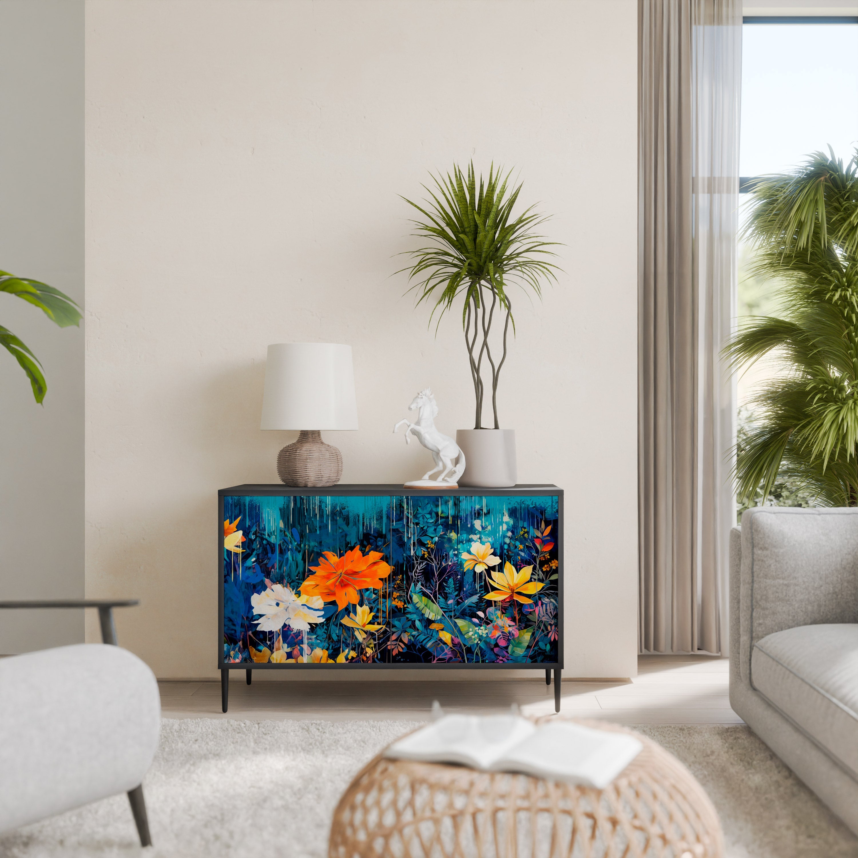 MIDNIGHT BLOSSOM Aparador de 2 Portas em Acabamento Preto