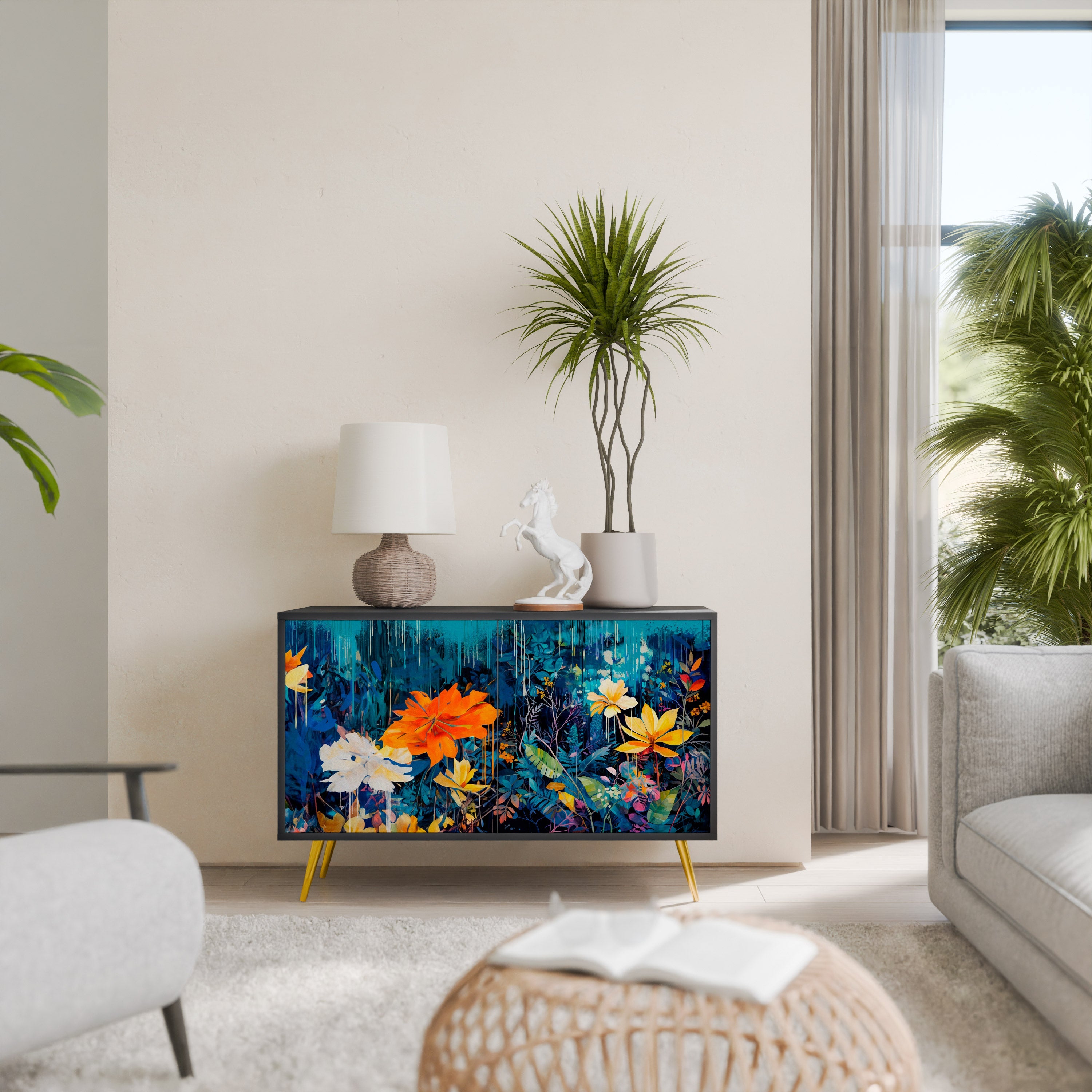 MIDNIGHT BLOSSOM 2-Door Sideboard in Black Finish