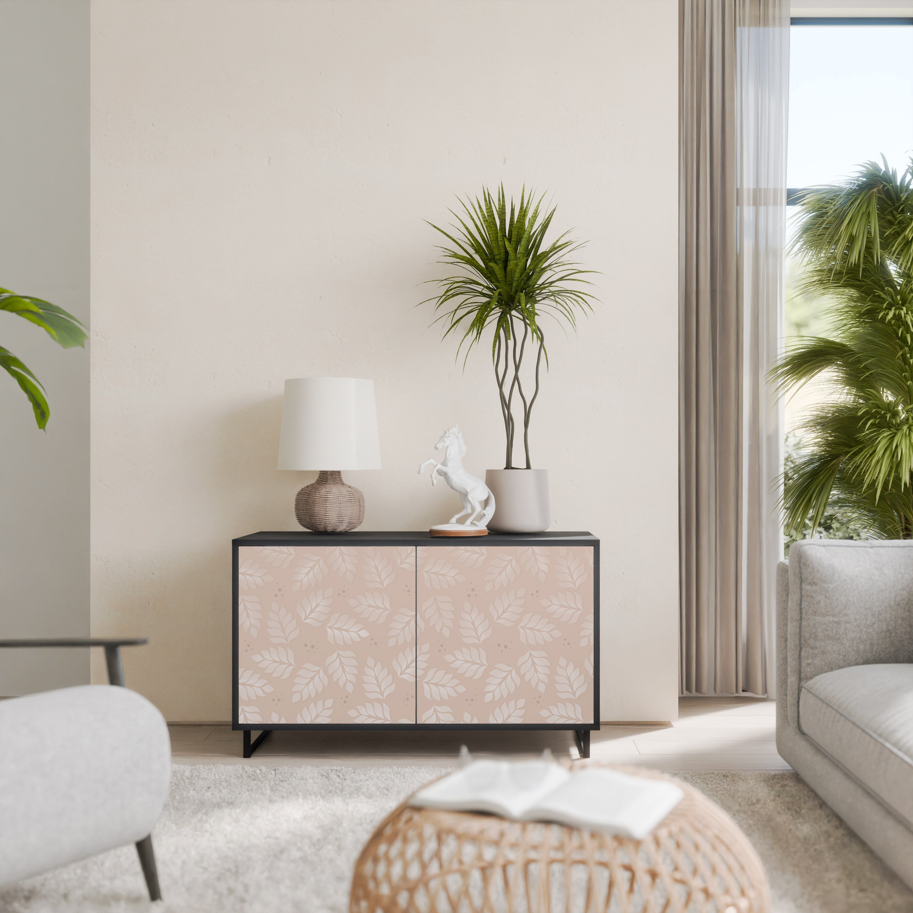 LEAVES ON BEIGE Aparador de 2 Portas em Acabamento Preto