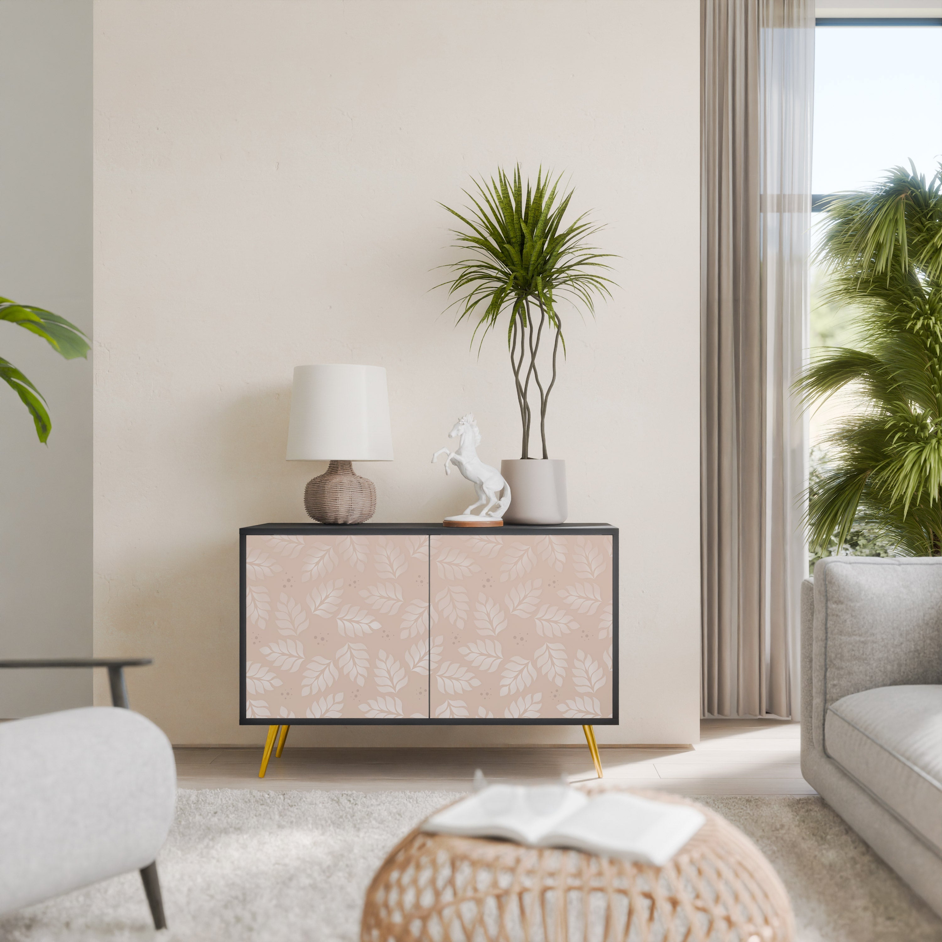 LEAVES ON BEIGE Aparador de 2 Portas em Acabamento Preto