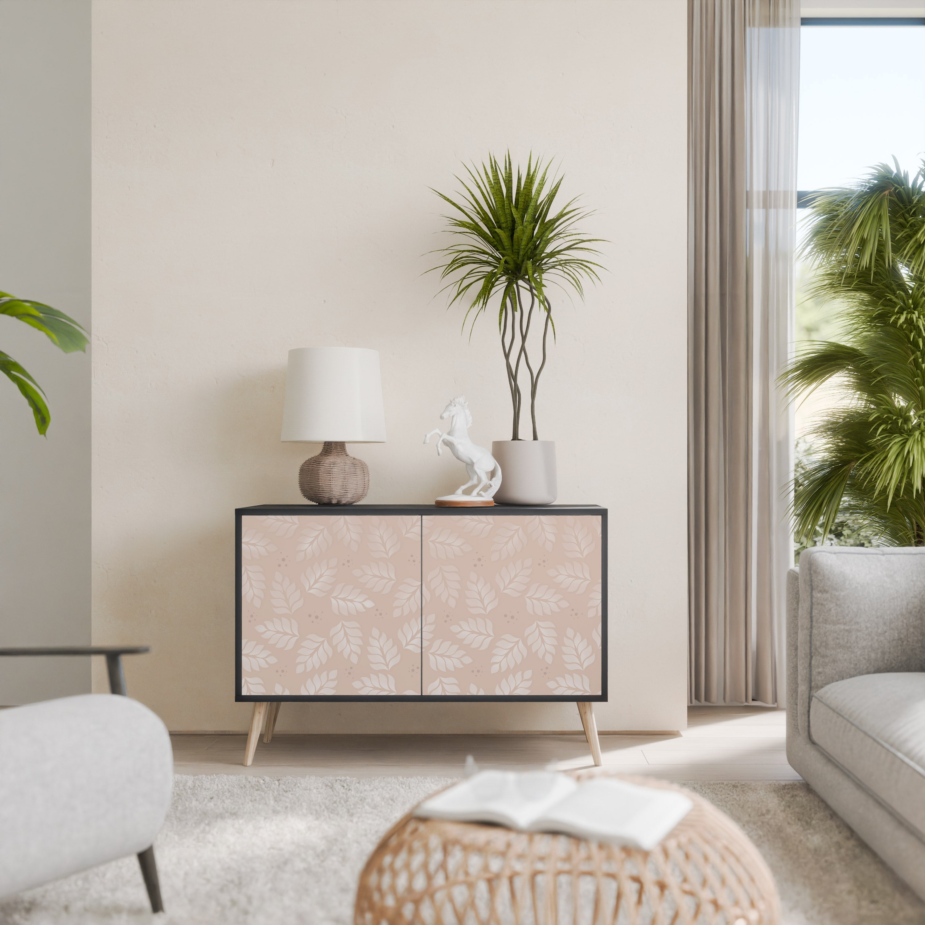 LEAVES ON BEIGE Aparador de 2 Portas em Acabamento Preto