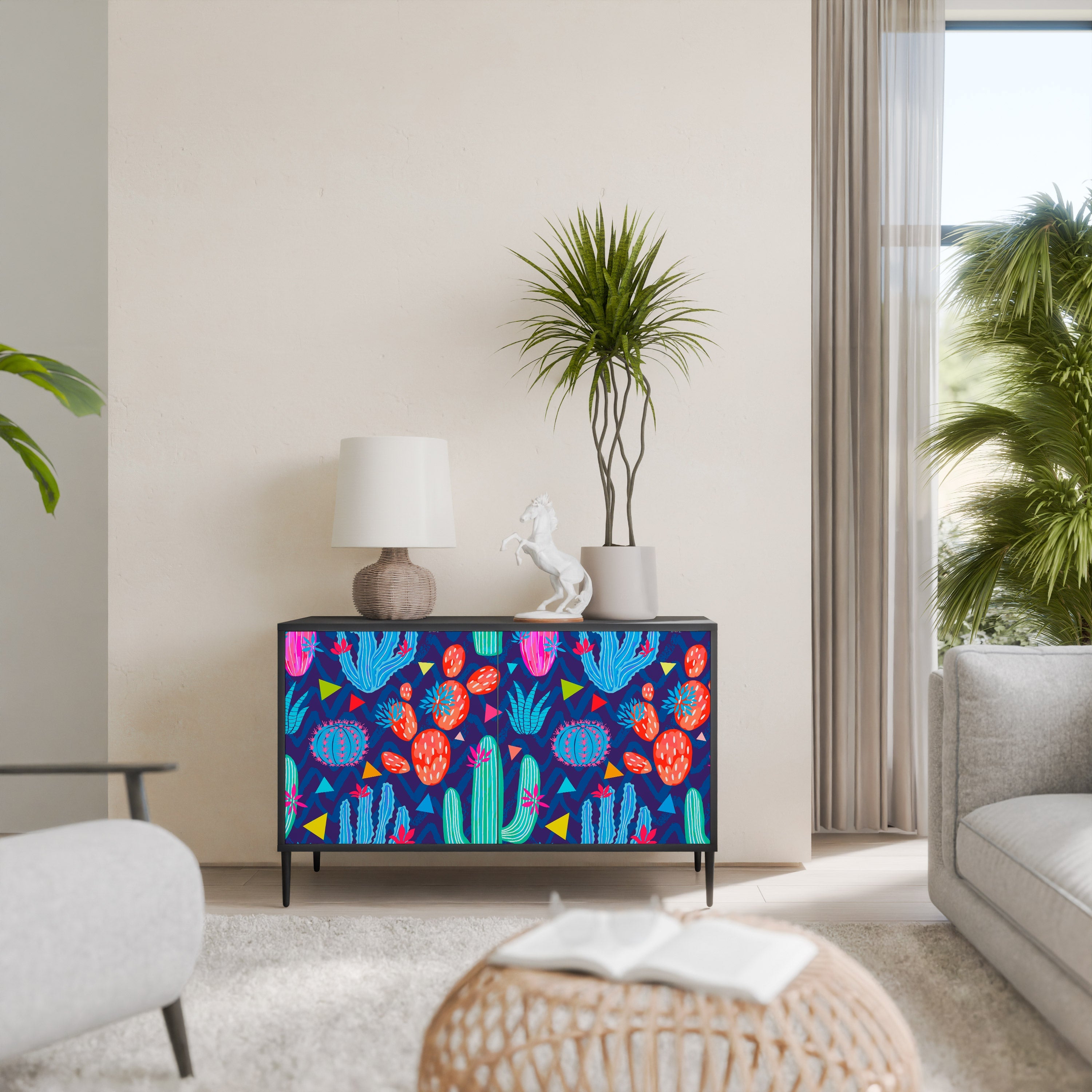 CACTUS VIBES Aparador de 2 Portas em Acabamento Preto