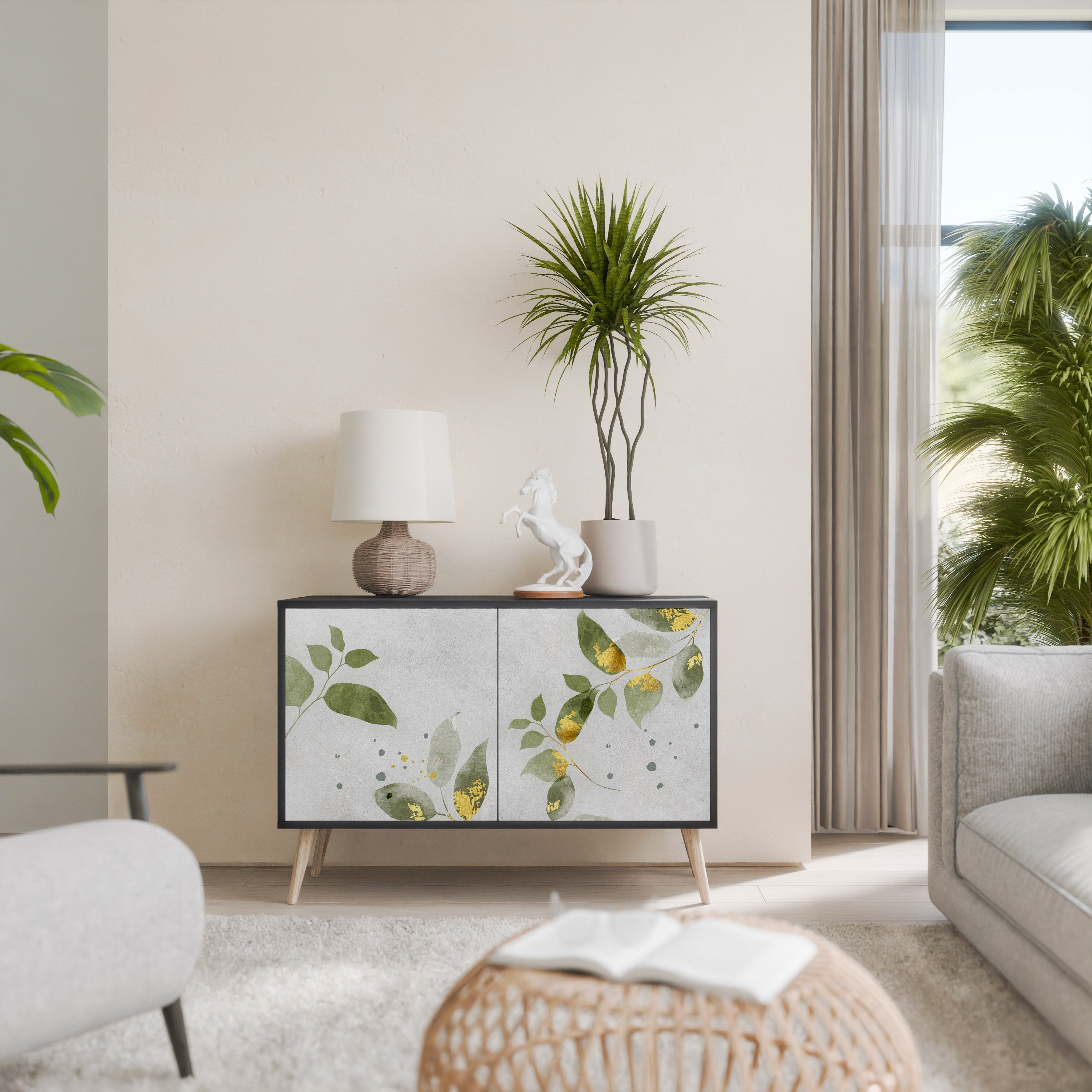 ELEGANT BOTANICS Aparador de 2 Portas em Acabamento Preto