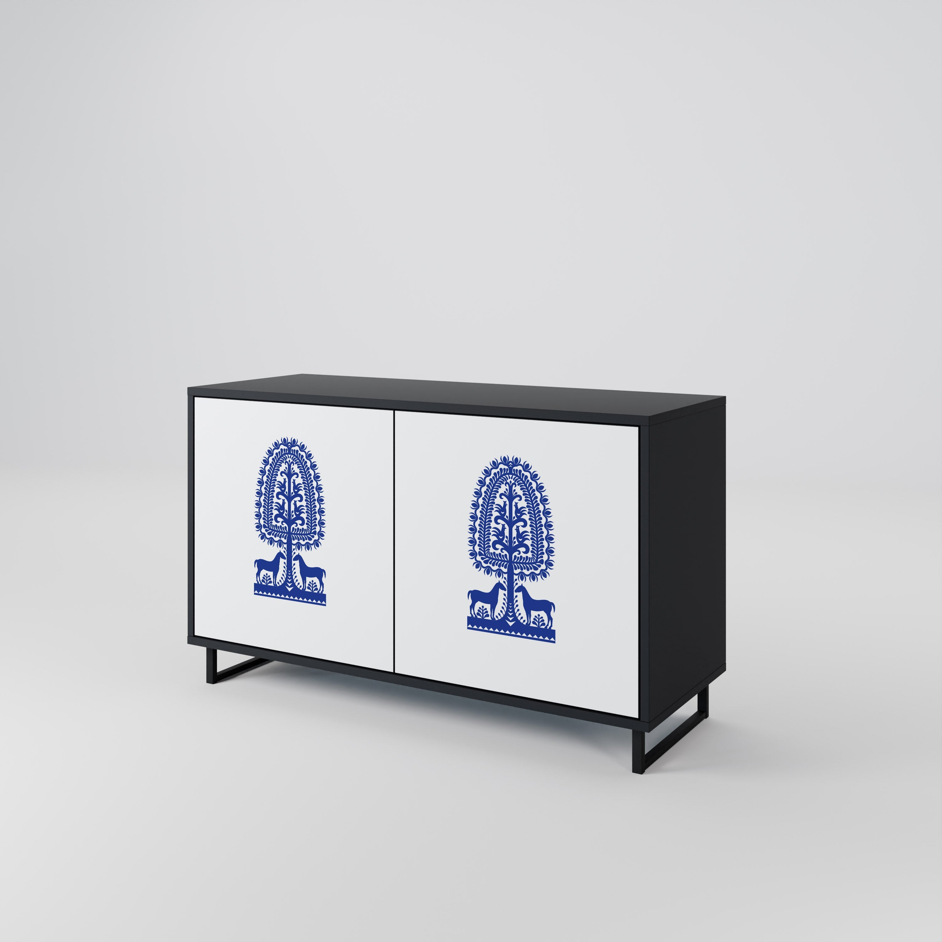 POLISH FOLK ART Aparador de 2 Portas em Acabamento Preto