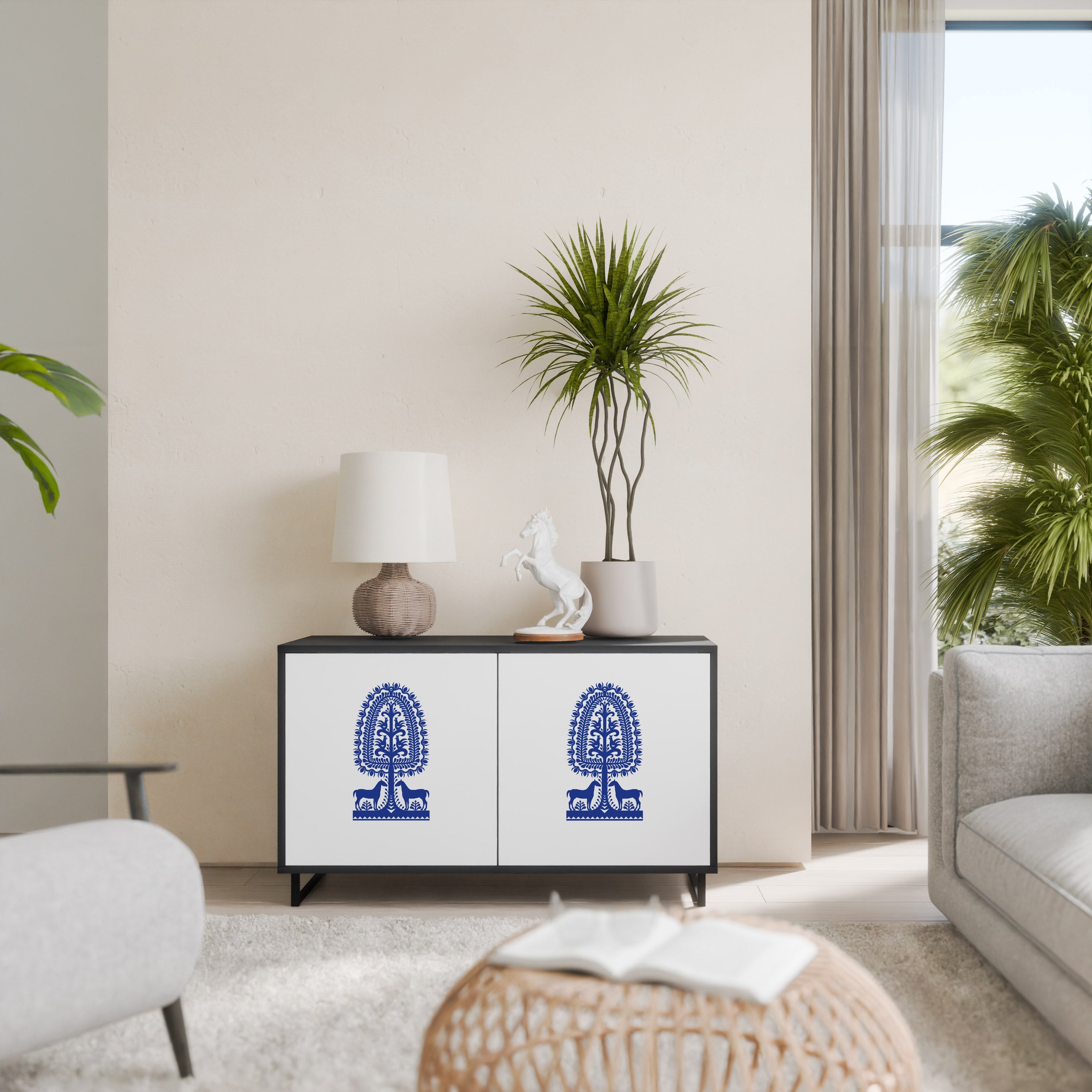 POLISH FOLK ART Aparador de 2 Portas em Acabamento Preto