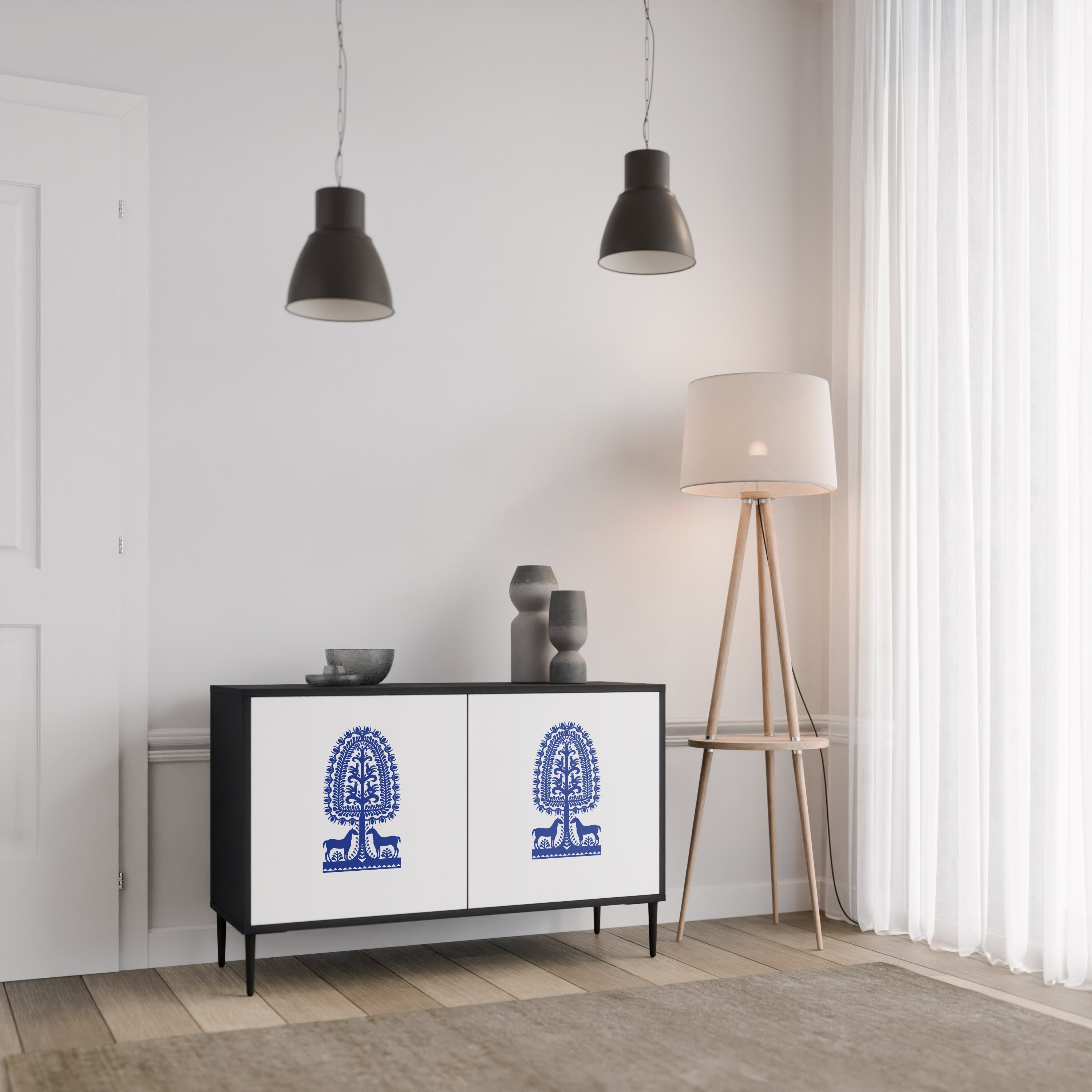 POLISH FOLK ART Aparador de 2 Portas em Acabamento Preto