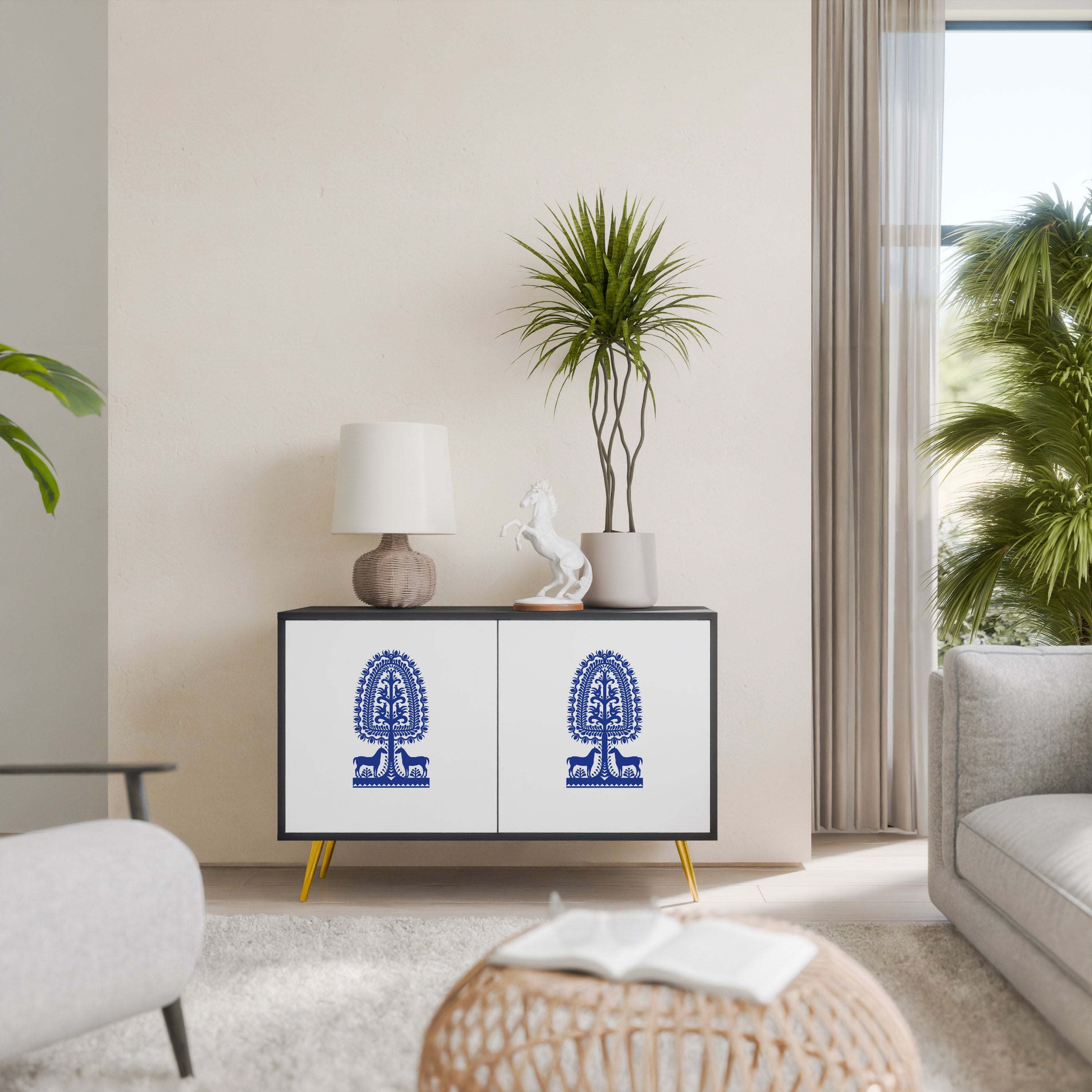 POLISH FOLK ART Aparador de 2 Portas em Acabamento Preto