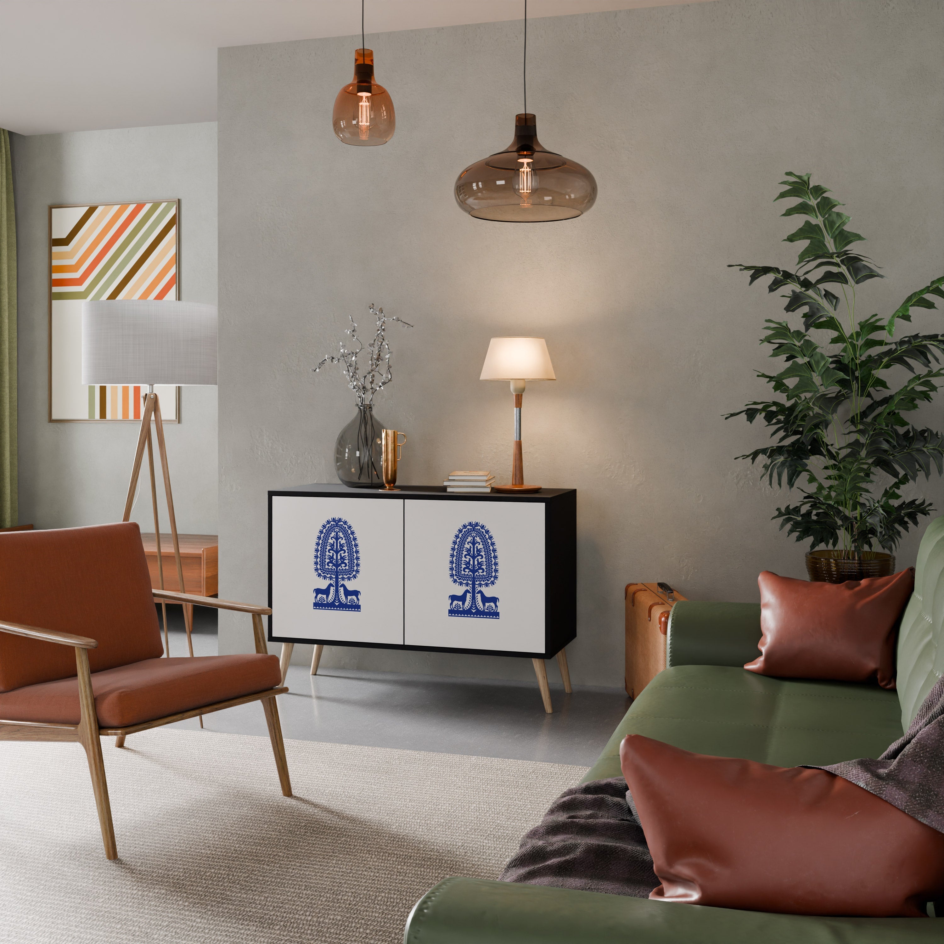 POLISH FOLK ART Aparador de 2 Portas em Acabamento Preto