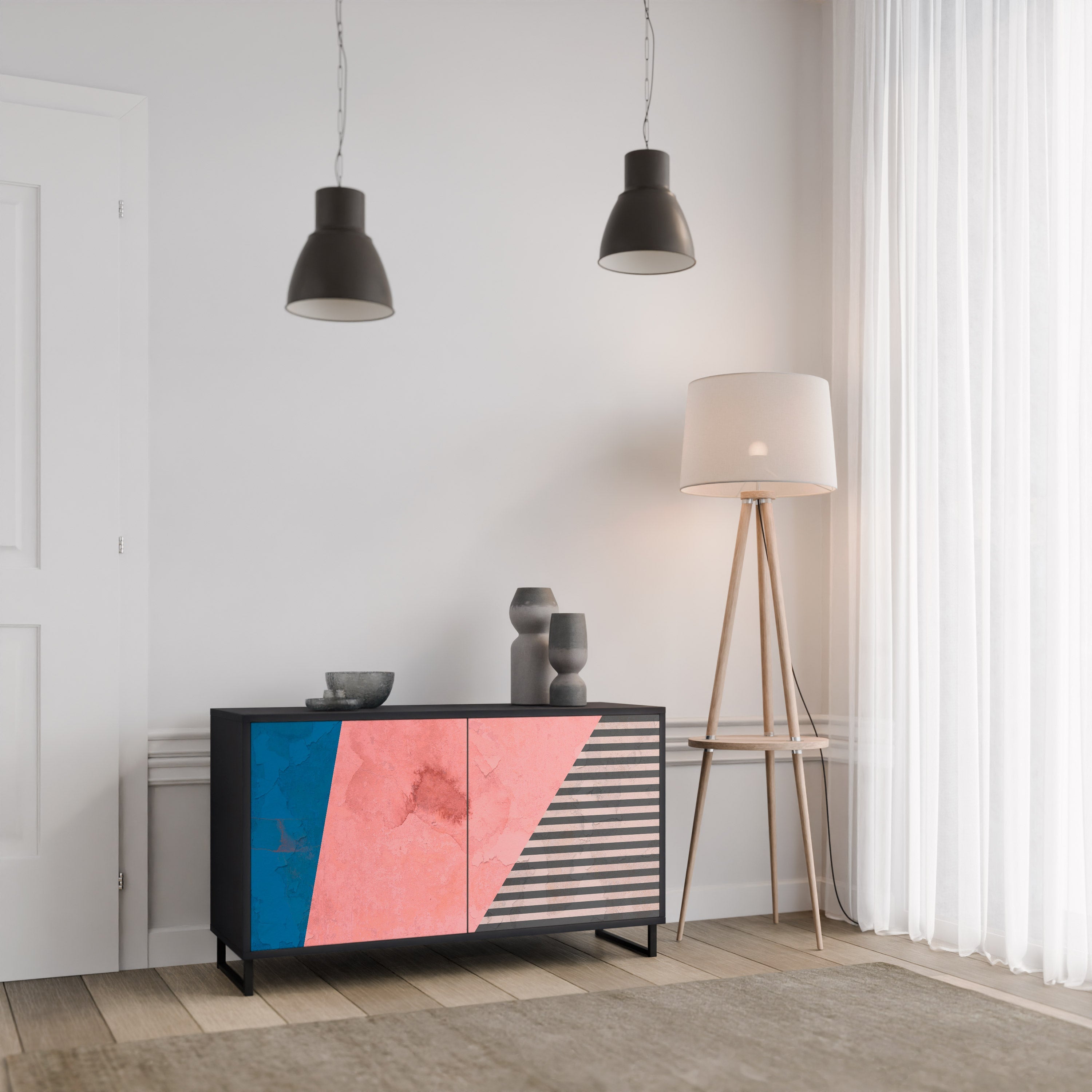 GLAMOROUS STRIPE 2-Door Sideboard in Black Finish