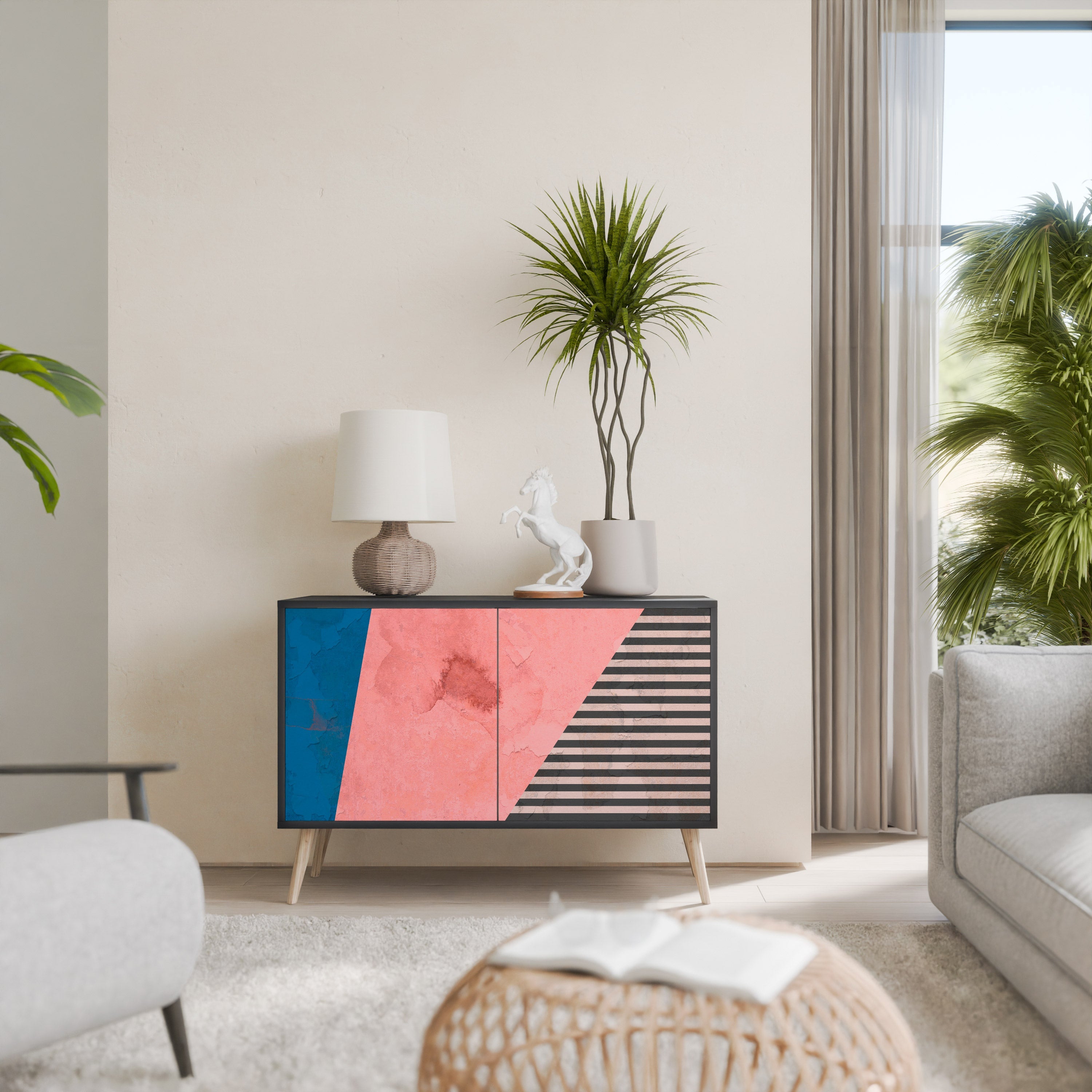 GLAMOROUS STRIPE 2-Door Sideboard in Black Finish