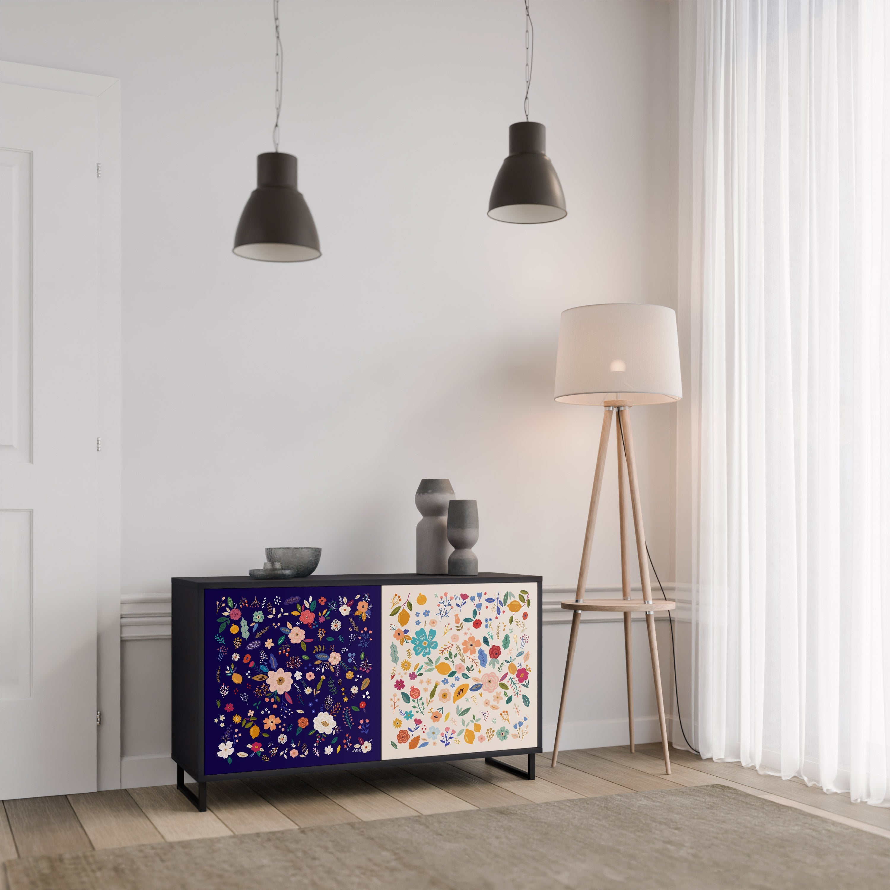 FLORAL COMBINATION Aparador de 2 Portas em Acabamento Preto