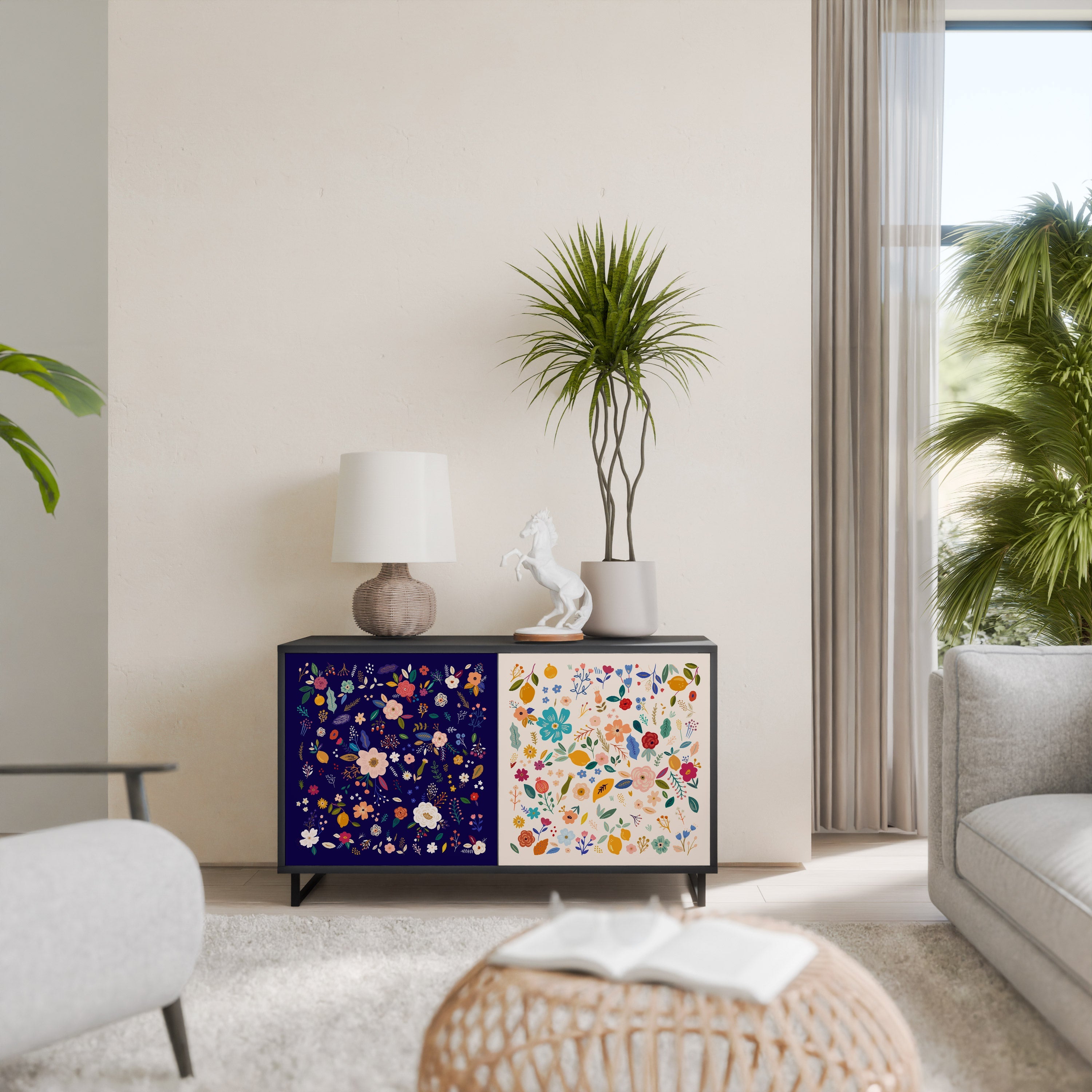 FLORAL COMBINATION Aparador de 2 Portas em Acabamento Preto