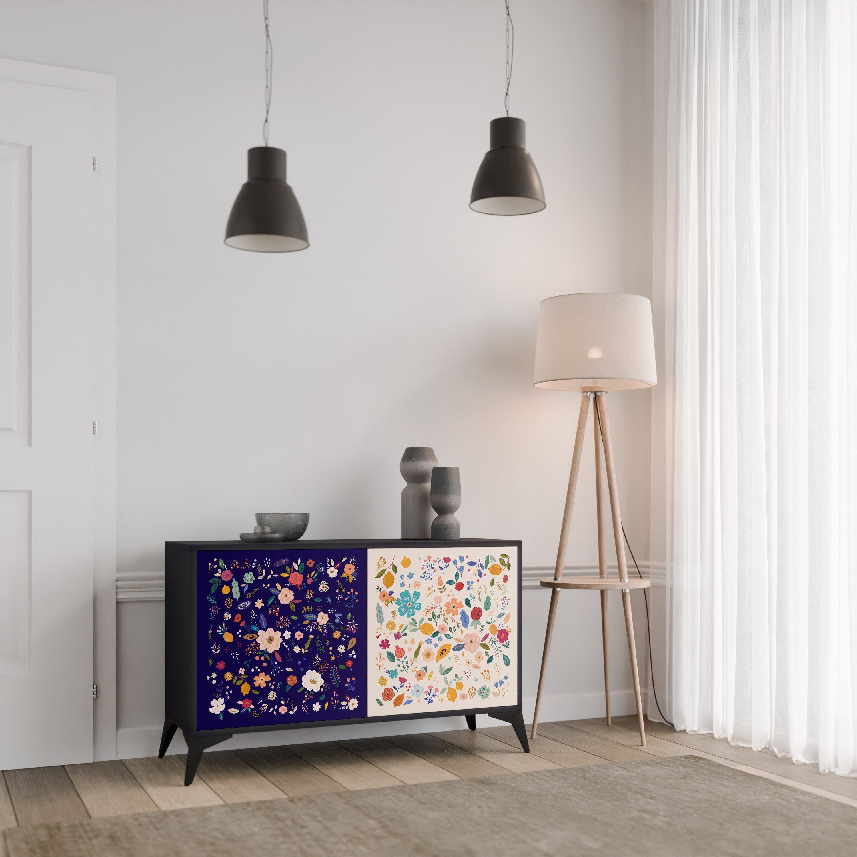 FLORAL COMBINATION Aparador de 2 Portas em Acabamento Preto