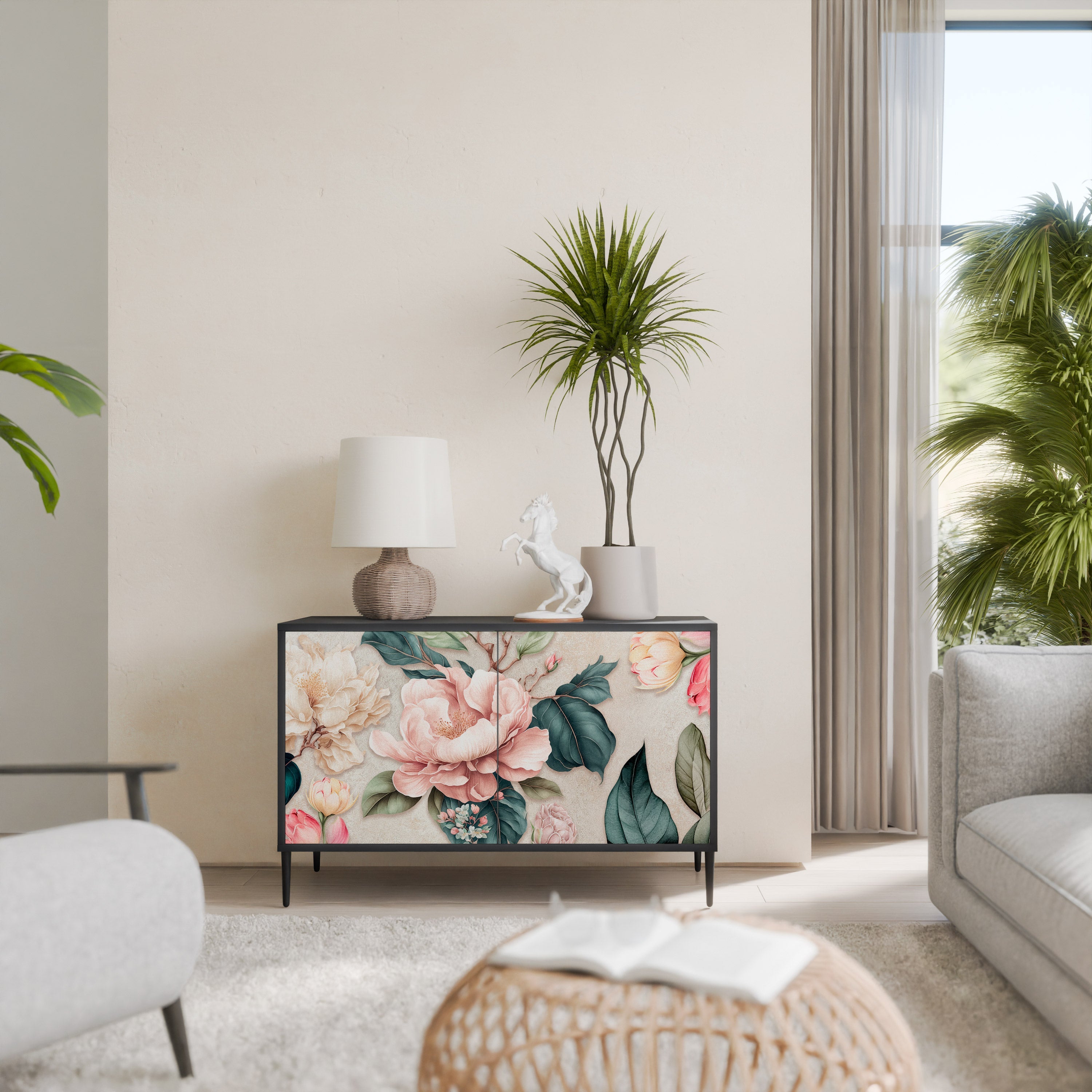 FLORAL GRACE Aparador de 2 Portas em Acabamento Preto