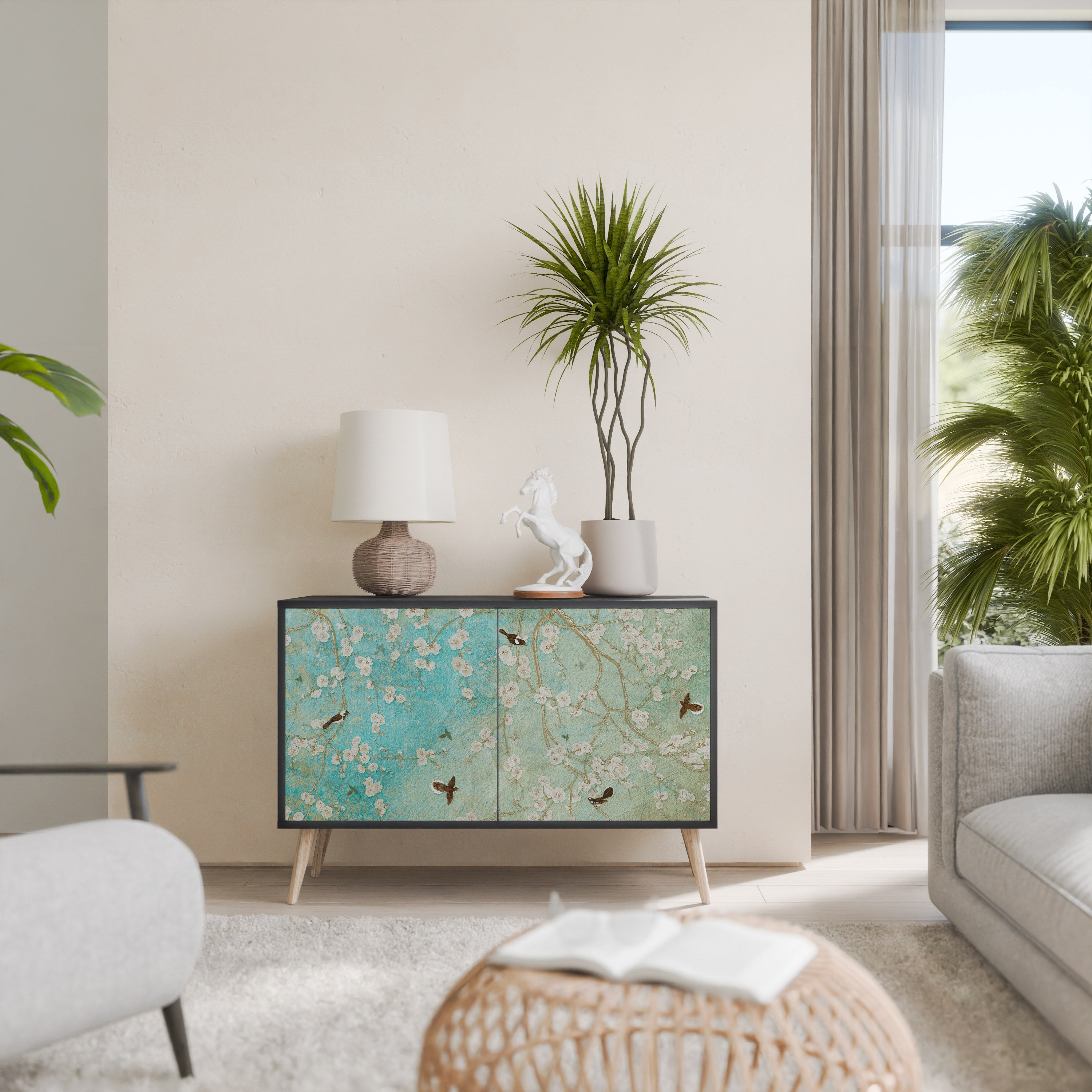 BLOOMING CHARM Aparador de 2 Portas em Acabamento Preto