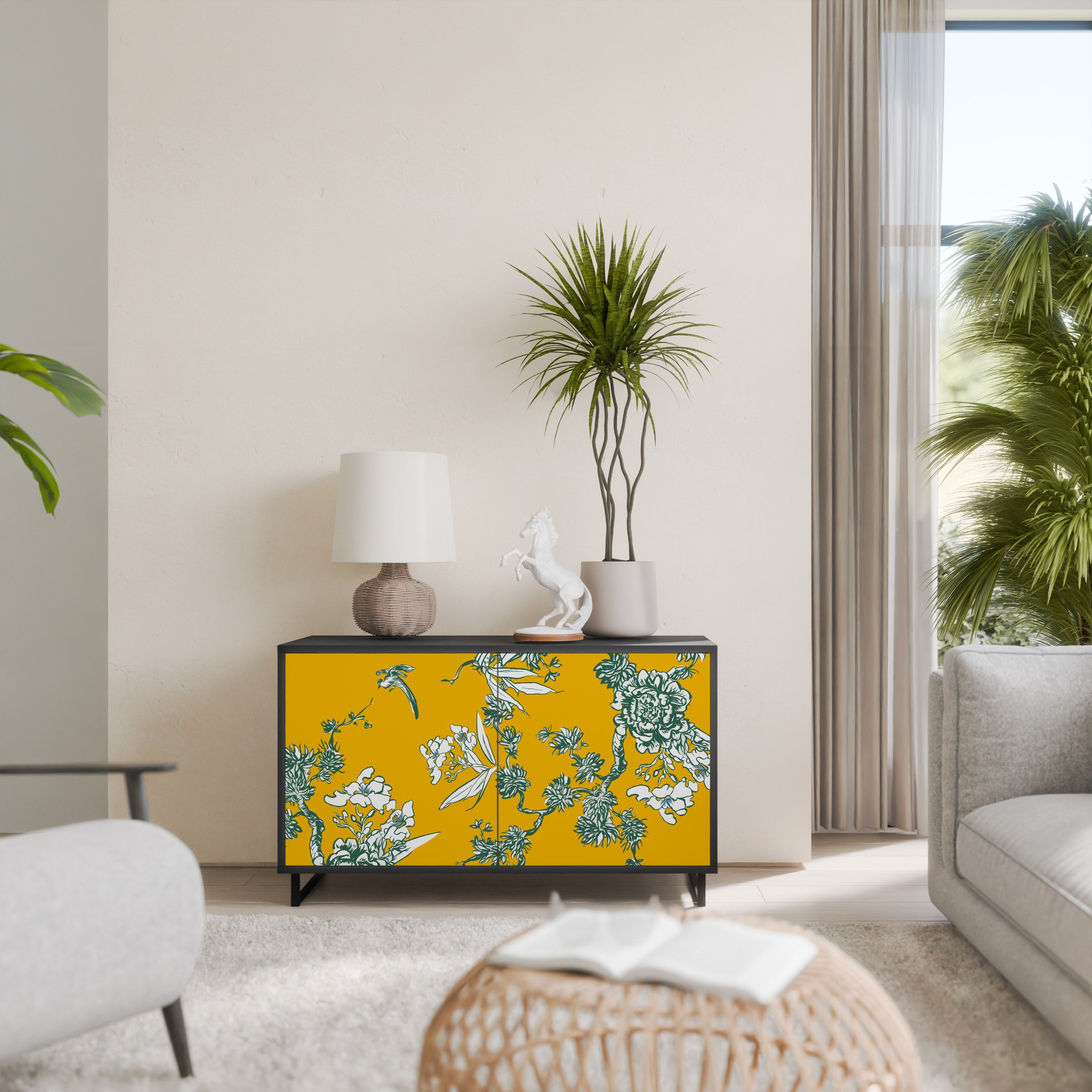 YELLOW CHINOISERIE 2-Door Sideboard in Black Finish