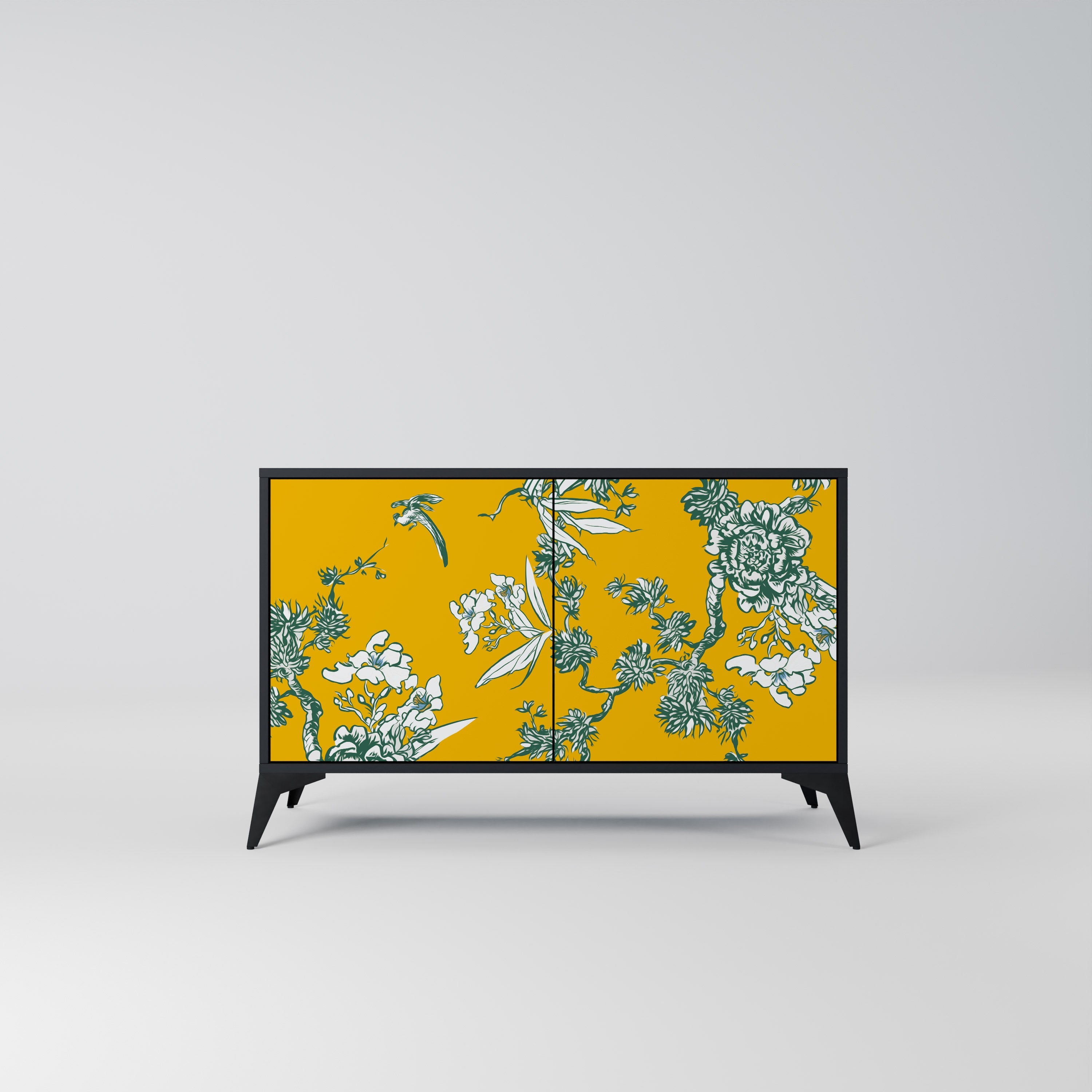YELLOW CHINOISERIE 2-Door Sideboard in Black Finish